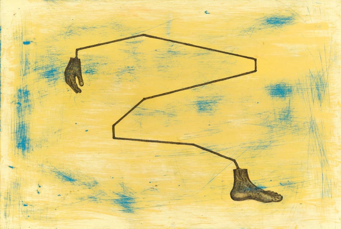 Abstract artwork with a zigzag line connecting a glove on the left and a sock on the right, set against a textured yellow background.