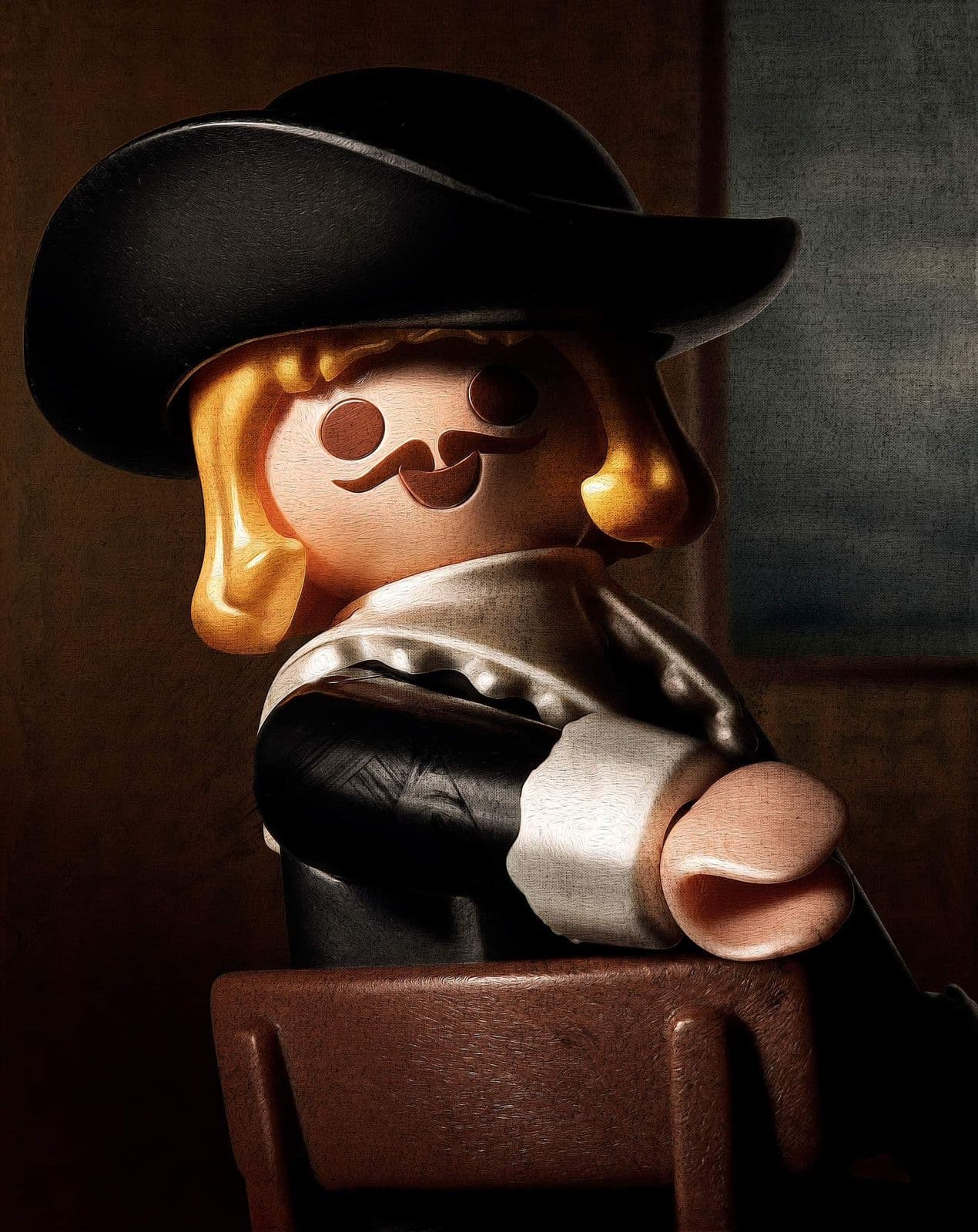Toy figure with a black hat, yellow hair, and a mustache, sitting on a chair against a dark background, reminiscent of a classic portrait.