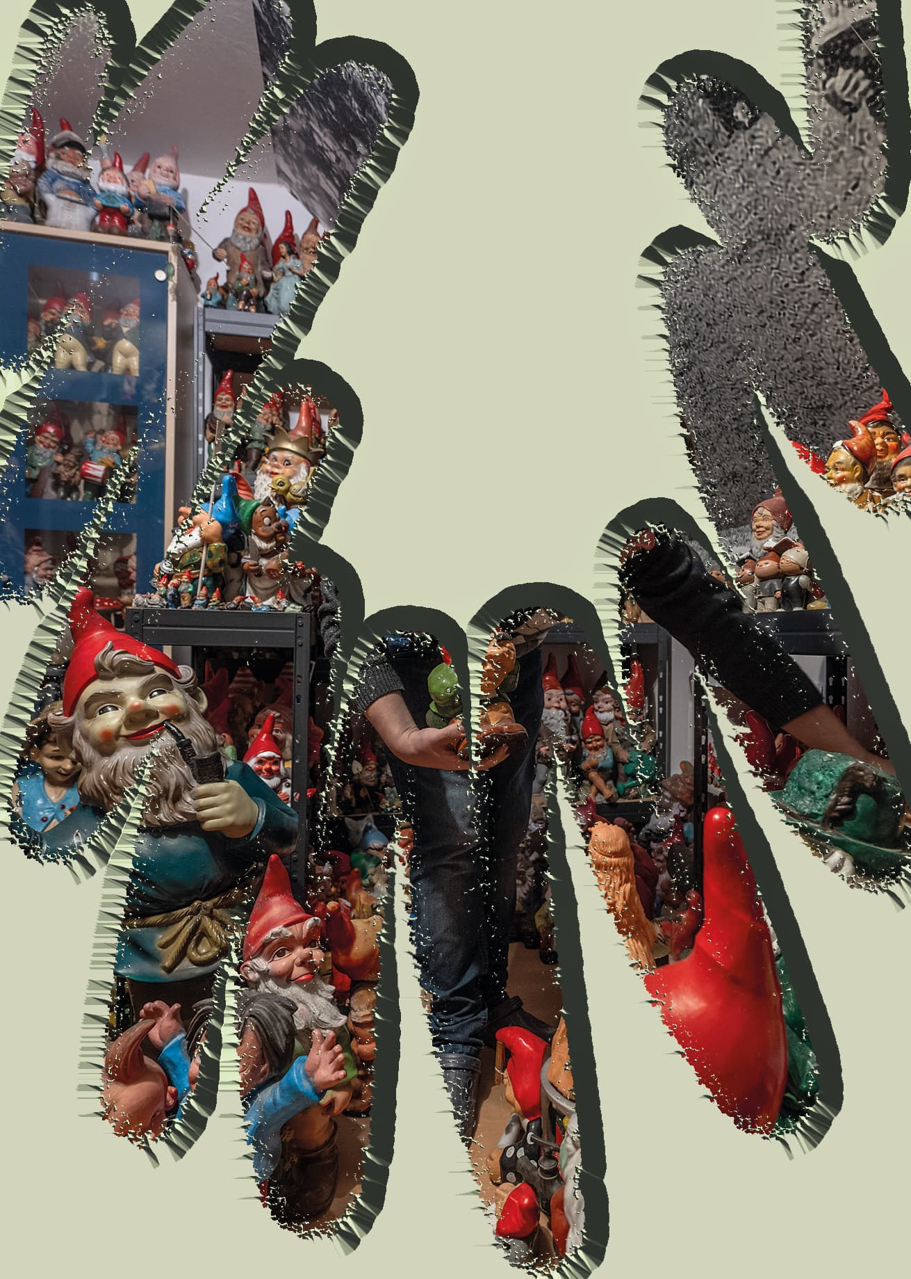 A room filled with colorful garden gnomes, densely arranged on shelves. A partially obscured person holds a gnome in their hands. Large, irregular green shapes with a black border overlay the image, partially revealing the scene and drawing attention to the collection.