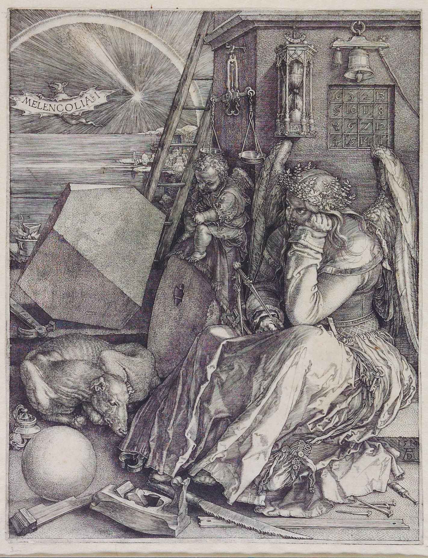 Zentrale Figur: geflügelte, nachdenkliche Frauengestalt (Personifikation der Melancholie)  Nebenfiguren: schreibender Putto, schlafender Hund  Objekte: Werkzeuge, geometrische Körper, Sanduhr, Glocke, Waage, magisches Quadrat