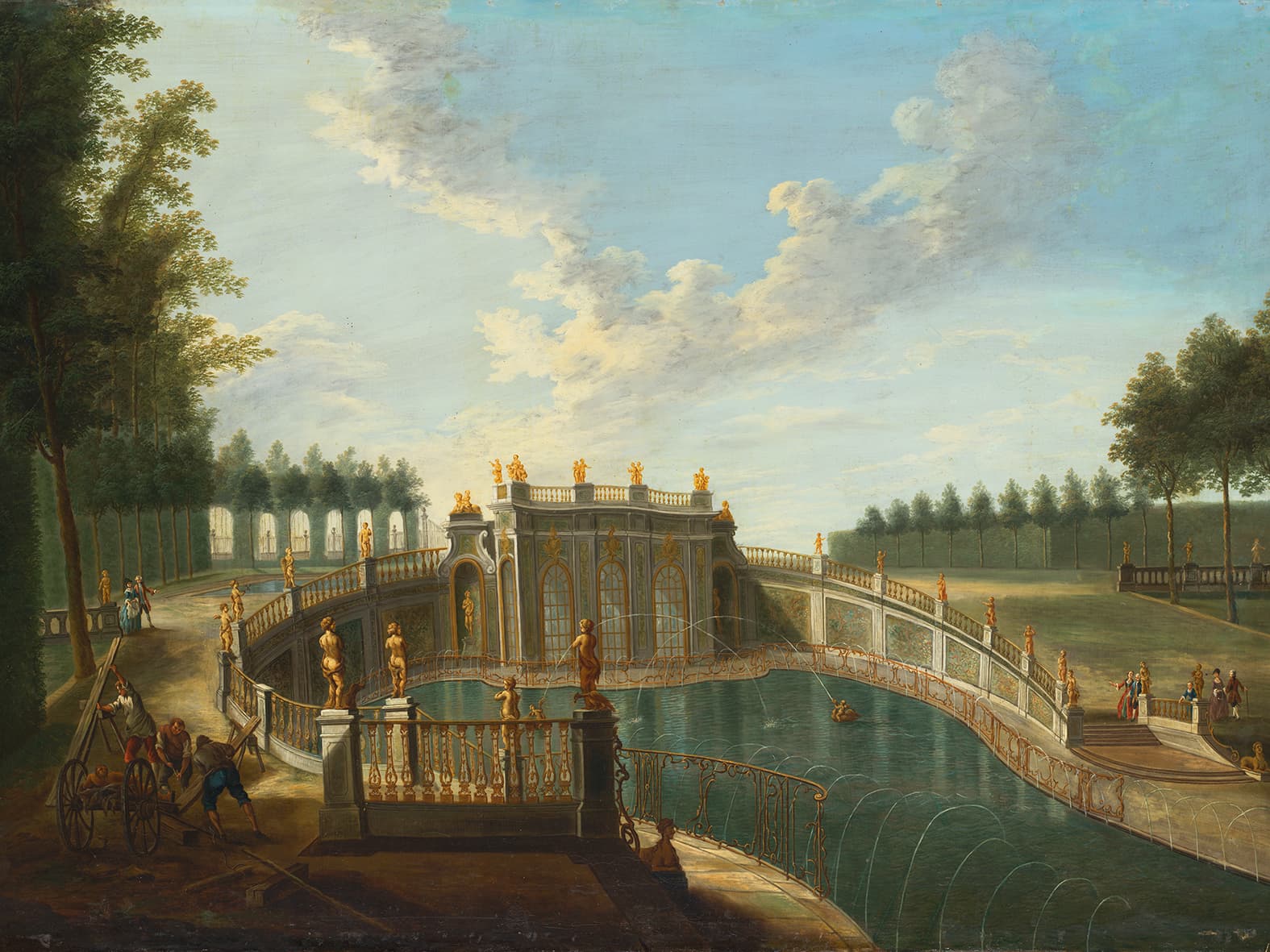 Painting of a baroque garden with a large water basin, surrounded by ornate balustrades, gilded sculptures and symmetrically laid out paths. Several people are strolling or working in the scene, while water fountains gush from the basin. In the background, a tree-lined park landscape stretches out under a blue sky with white clouds.