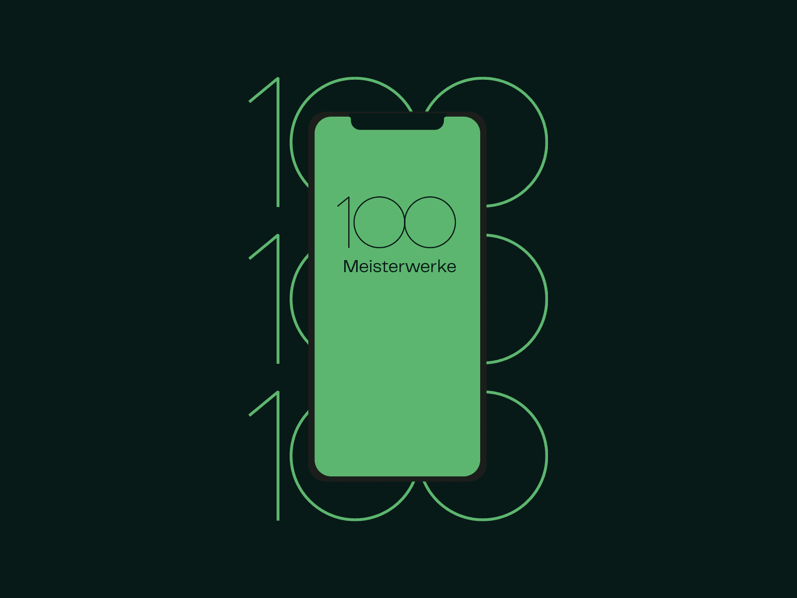 Ein Smartphone zeigt auf einem grünen Bildschirm „100 Meisterwerke“ an, im Hintergrund wird die Zahl „100“ in großer Schrift wiederholt.