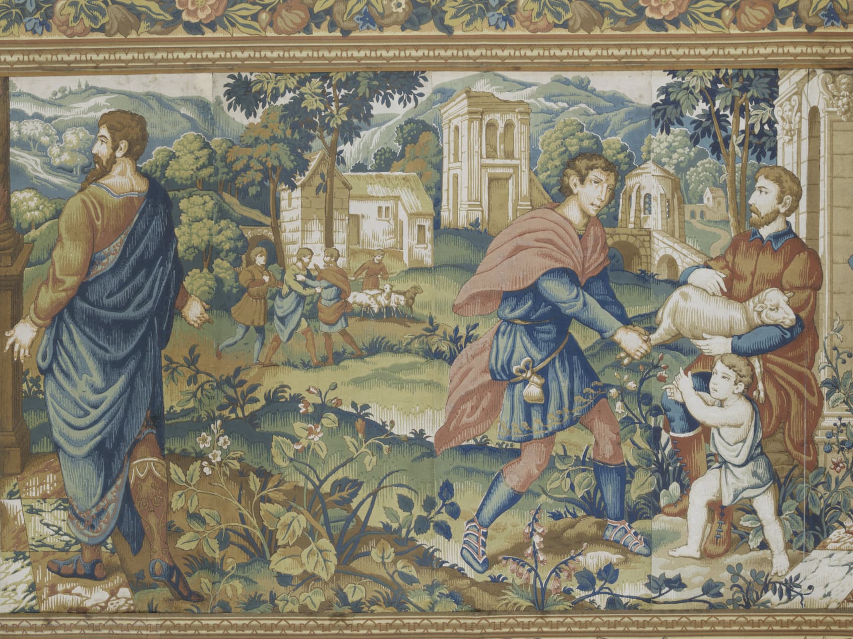 Eine detaillierte Wandteppichszene, die historische Figuren in einer idyllischen Landschaft mit Gebäuden, Bäumen und Menschen bei verschiedenen Aktivitäten zeigt.