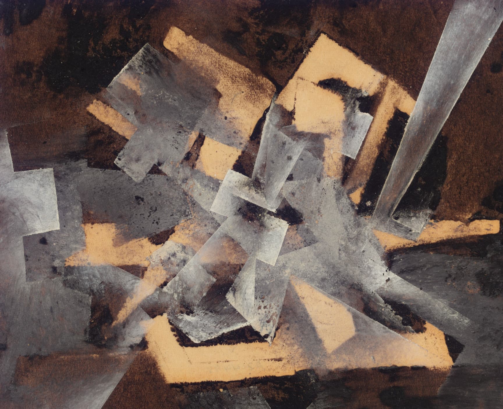 Abstraktes Gemälde mit überlappenden geometrischen Formen in Braun-, Grau- und Beigetönen, die eine dynamische und strukturierte Komposition erzeugen.