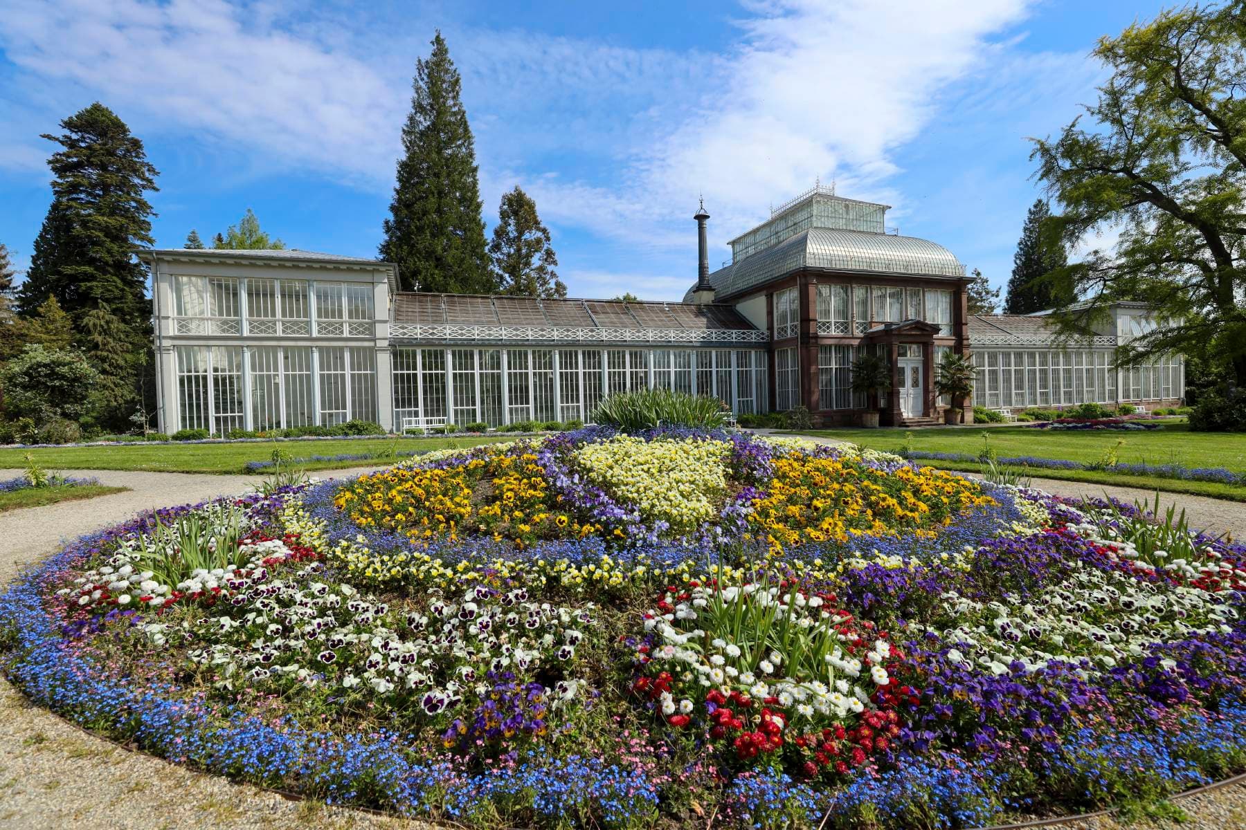 Blick auf das Große Gewächshaus über ein Teppichbeet  mit Blumen