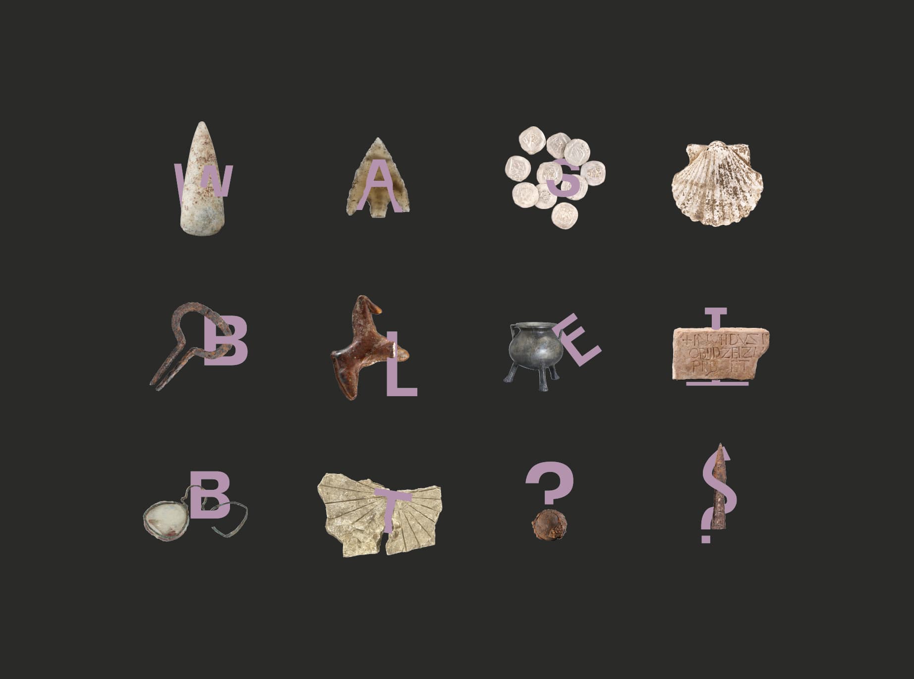 Various artifacts and objects arranged on a black background, each partially obscured by purple letters and symbols.