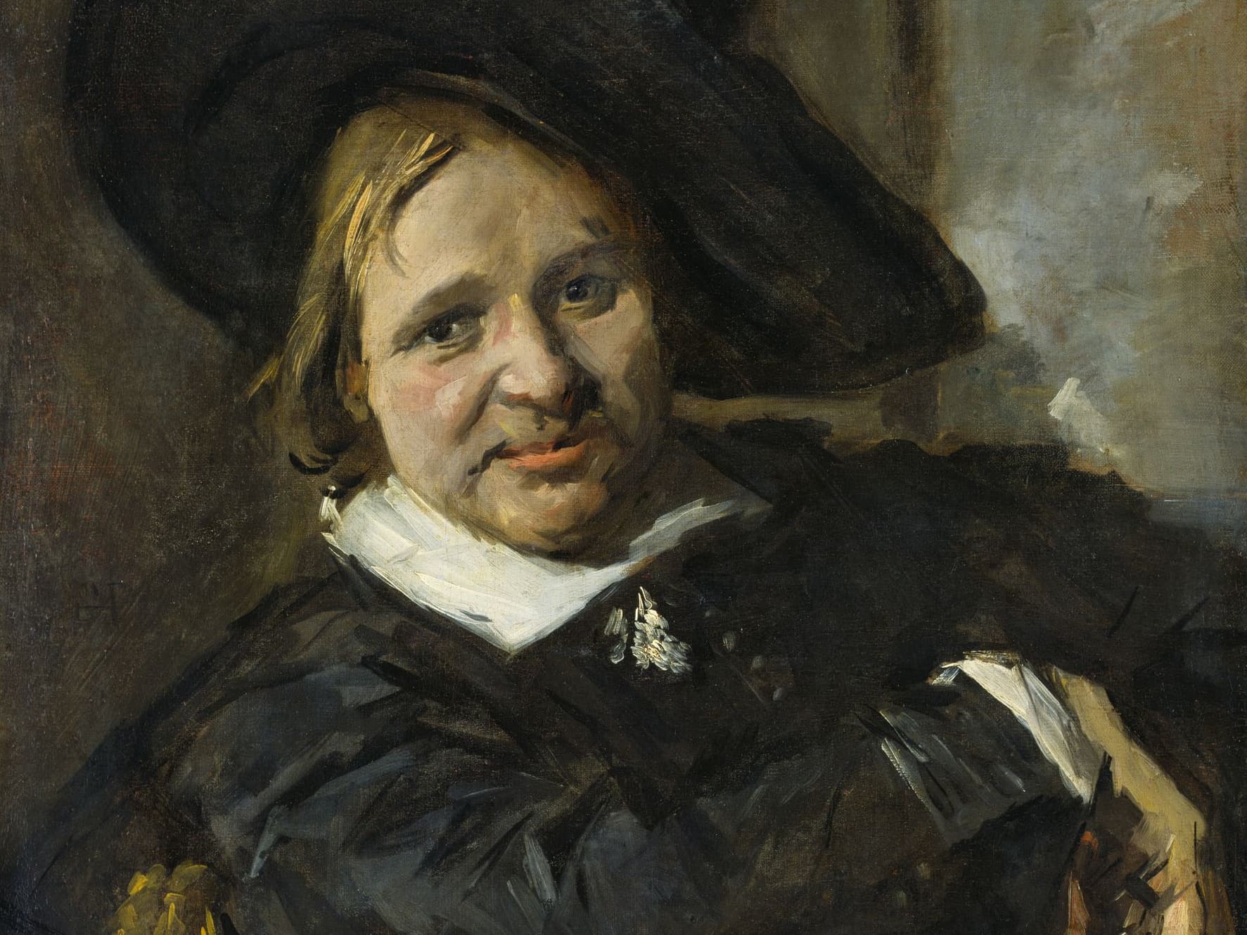 Painting of a man in a floppy hat looking cheekily at the viewer