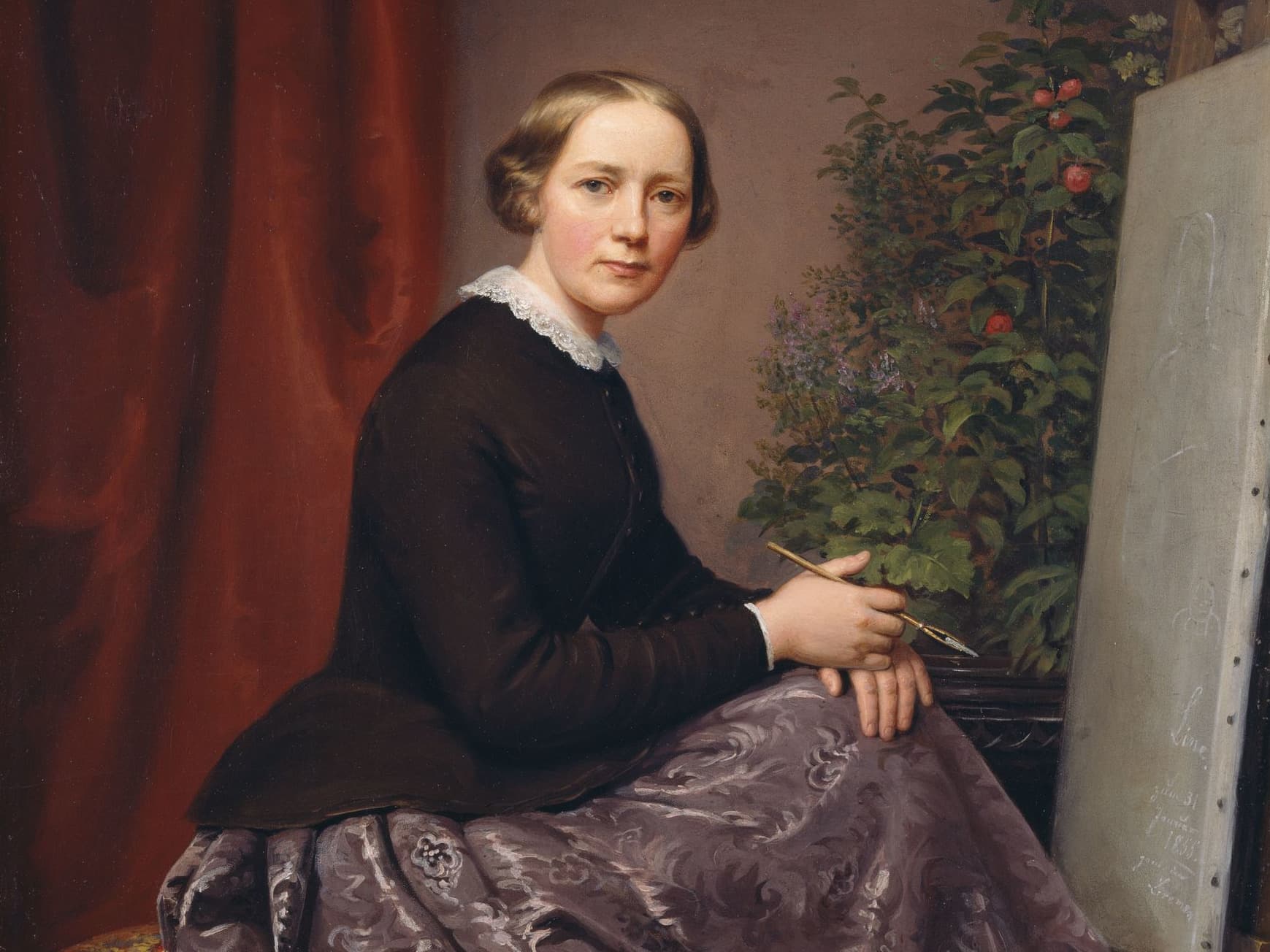 A woman in 19th-century attire holds a brush, seated beside a canvas. A red curtain and a flowering plant are in the background.