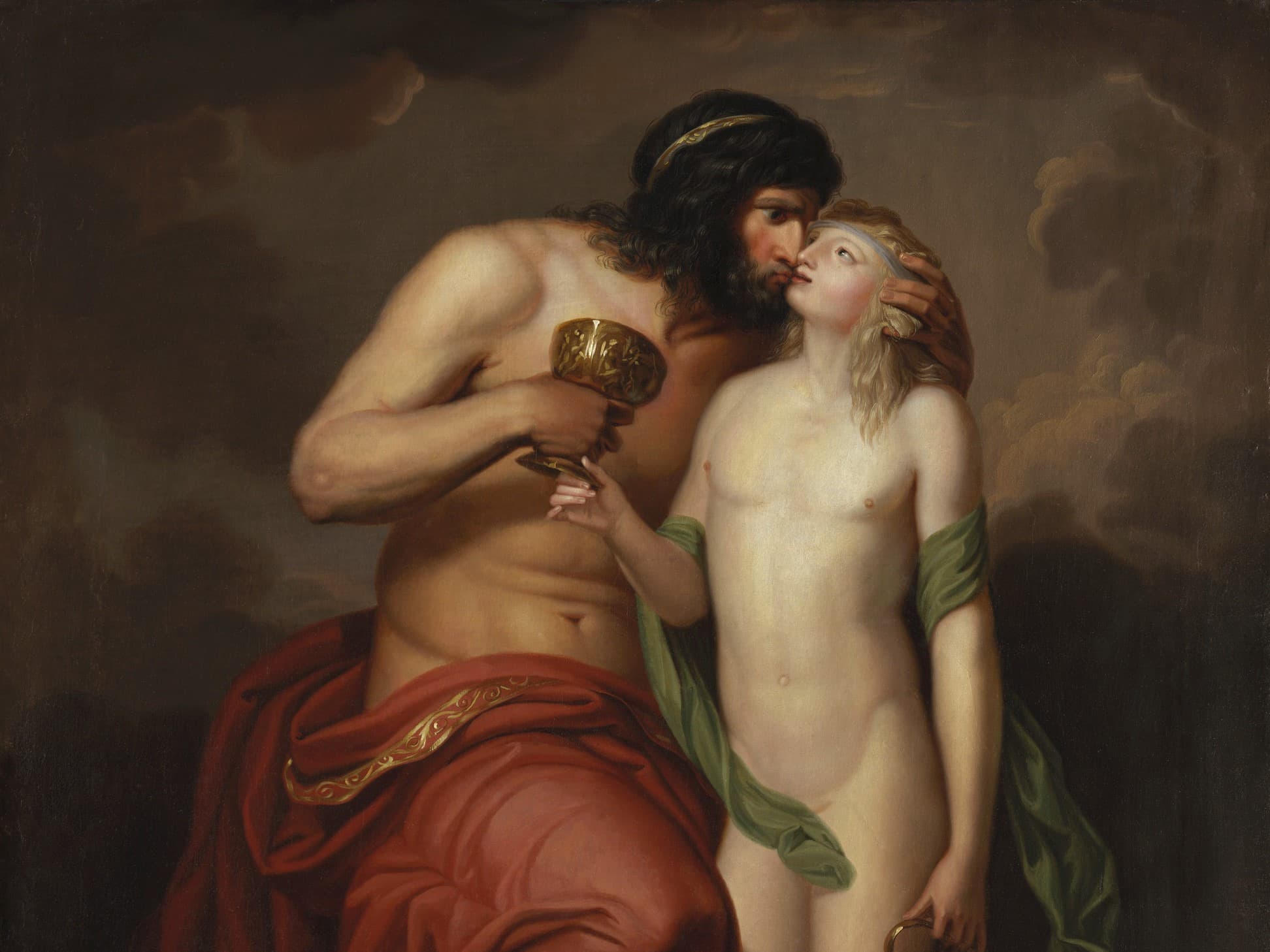 Ein klassisches Gemälde eines bärtigen Mannes, der einen Kelch hält und eine junge Person mit einem grünen Tuch umarmt, vor einem dunklen, wolkigen Hintergrund.