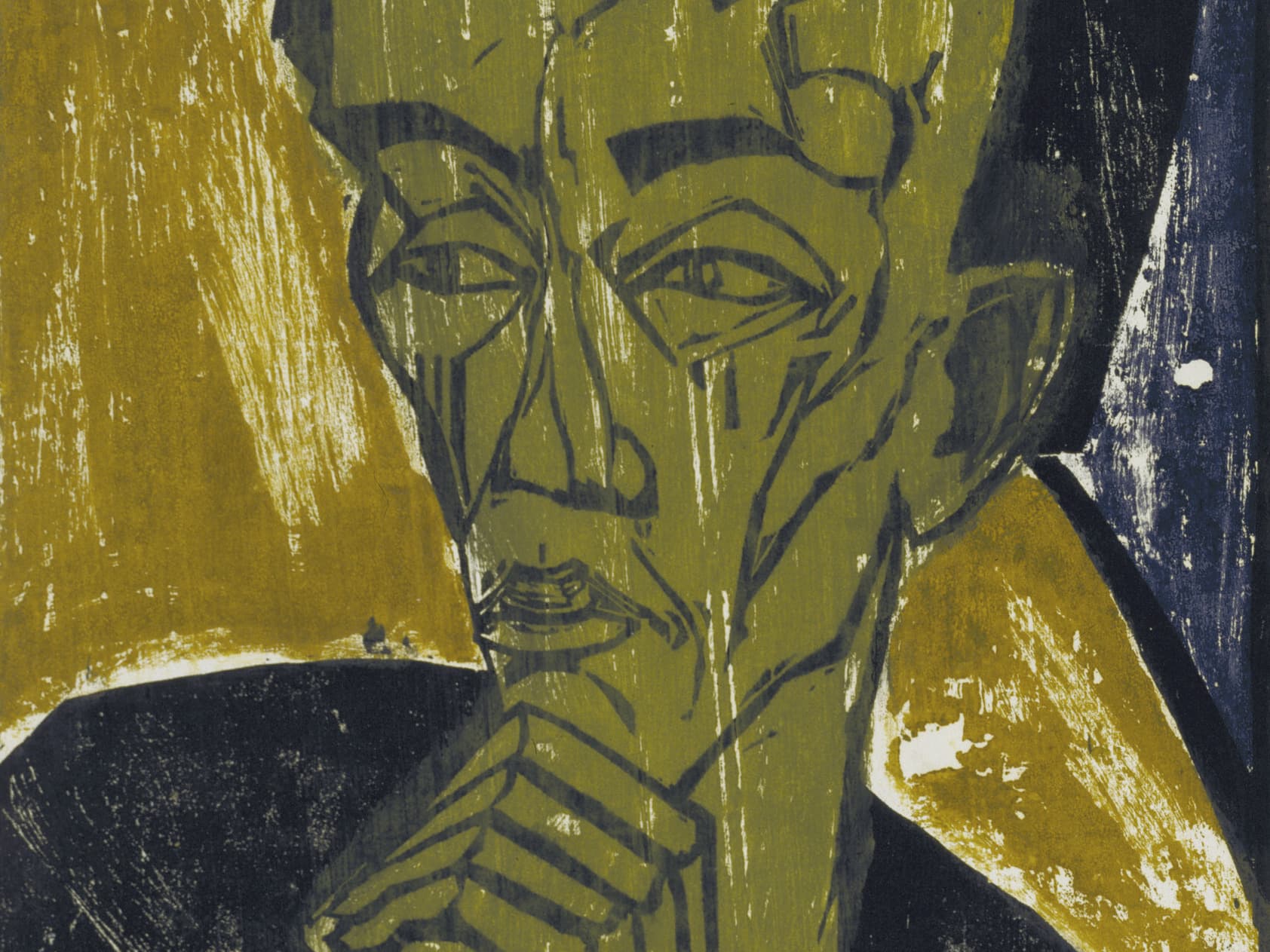 Abstraktes Porträt einer Person mit nachdenklichem Ausdruck, mit kräftigen Linien und erdigen Grün- und Brauntönen.