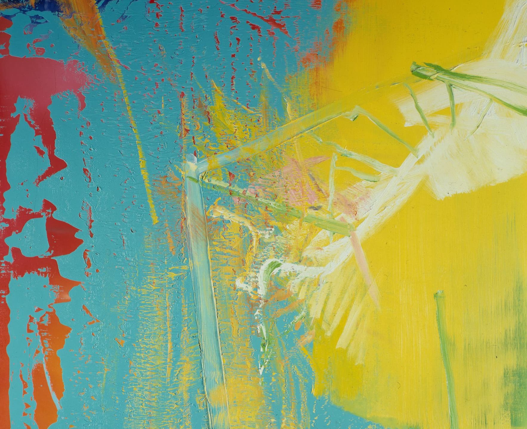 Abstraktes Gemälde mit leuchtend blauen, gelben und roten Pinselstrichen. Dynamische Texturen erzeugen ein Gefühl von Bewegung und Tiefe.