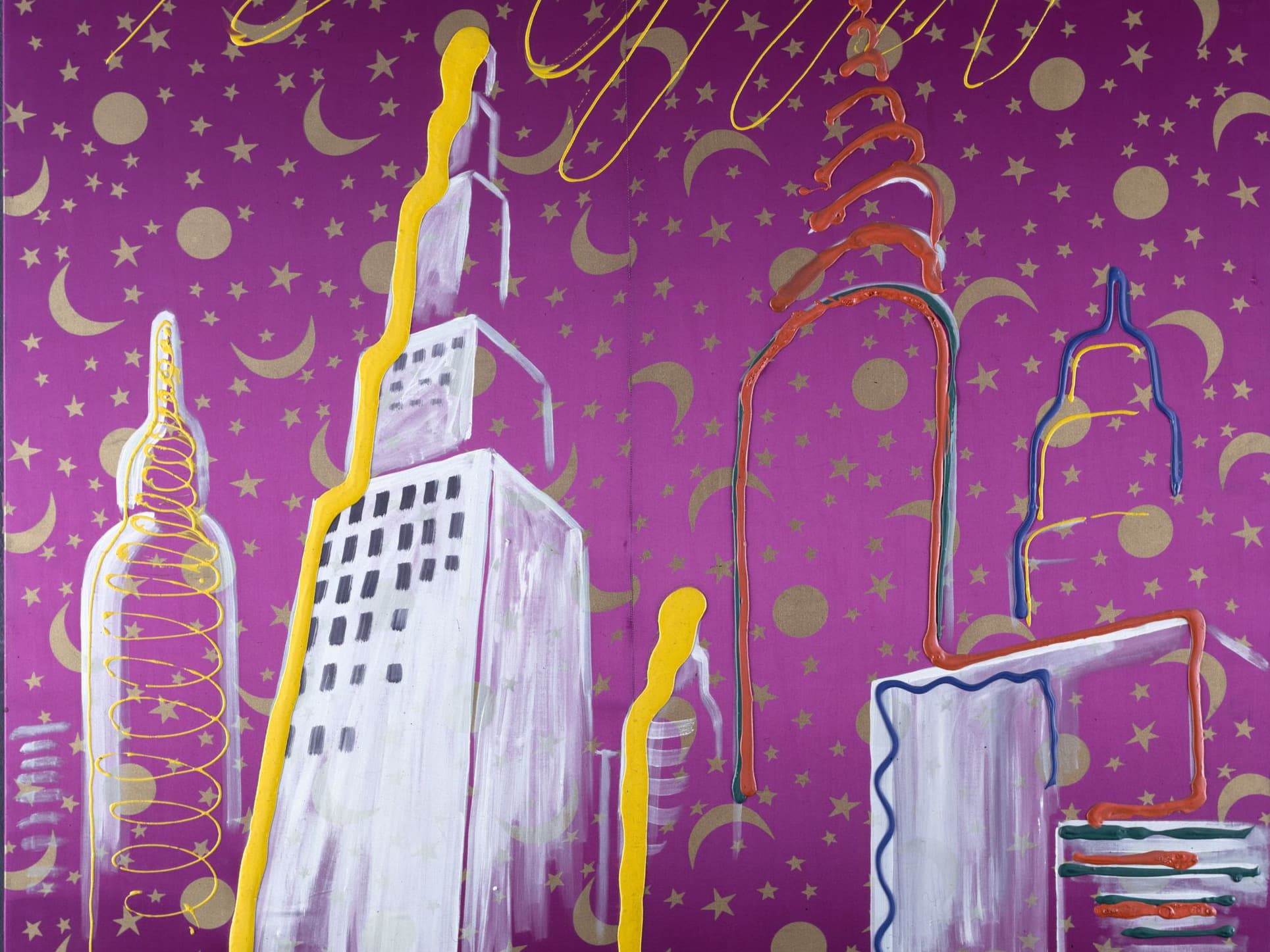 Abstrakte Stadtlandschaft mit hohen Gebäuden in leuchtenden Farben vor einem violetten Hintergrund mit Sternen und Halbmonden.