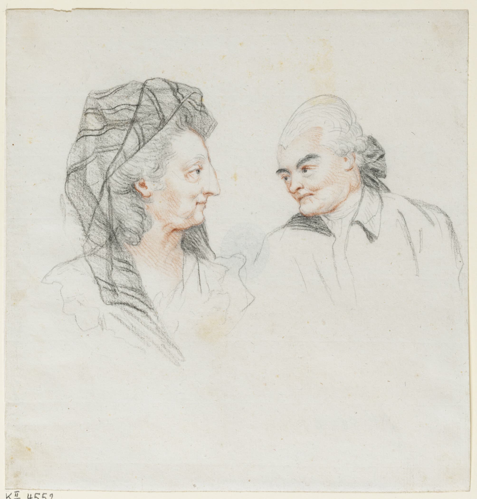 A pencil sketch of two people in profile, facing each other. The person on the left wears a headscarf; the person on the right has short hair.