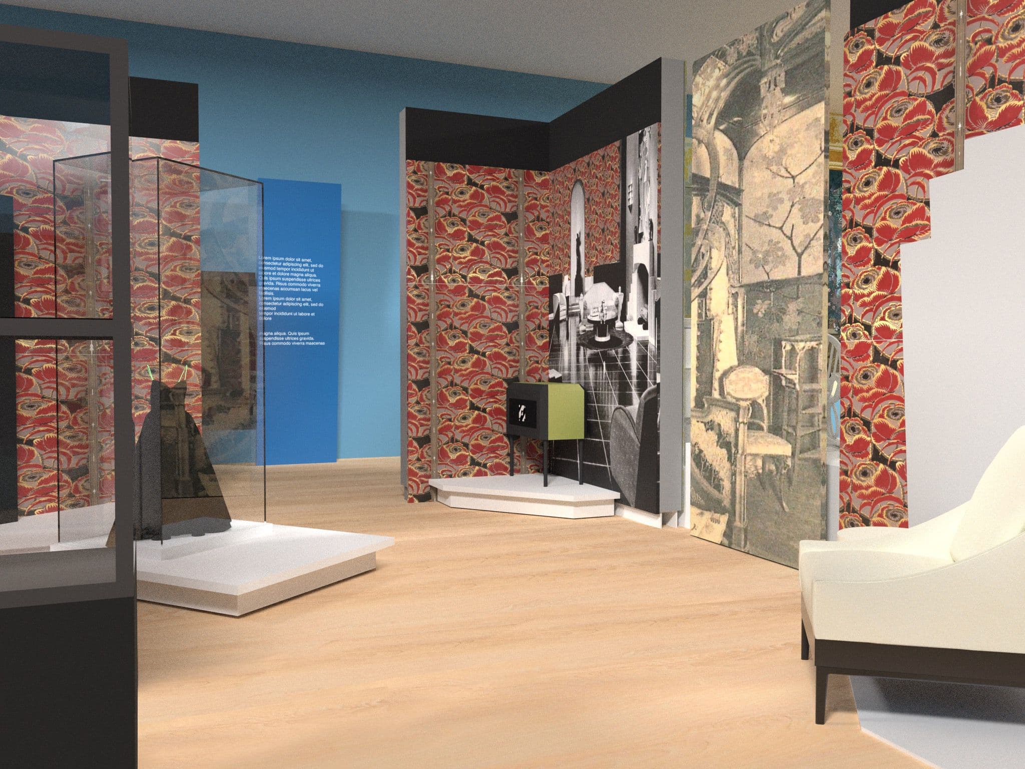 Museumsausstellung mit Vintage-Dekor, gemusterten Tapeten, Vitrinen und einer Schaufensterpuppe in einem historischen Kleid auf einem Holzboden.