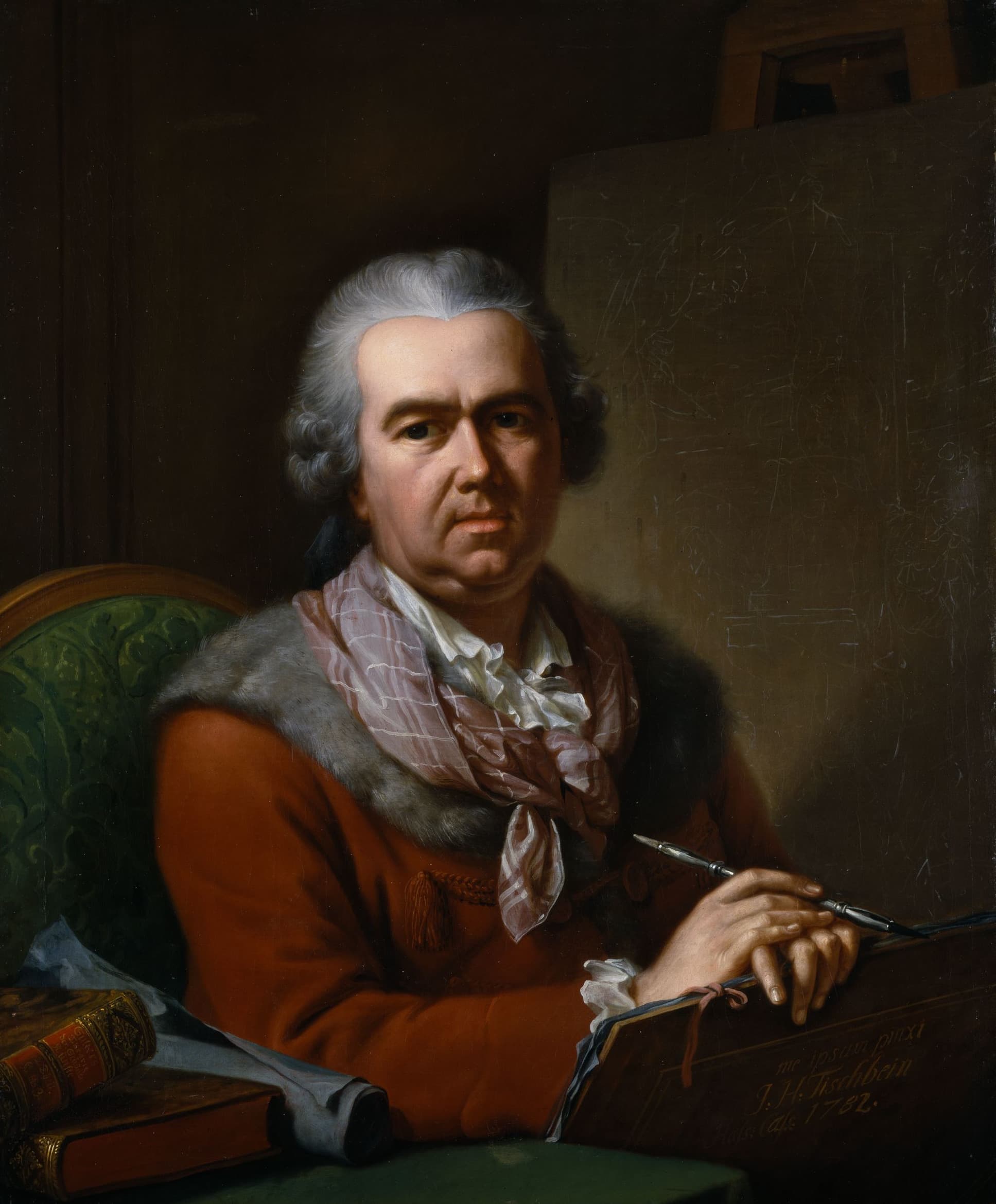 A man in 18th-century attire sits holding a pen, with a book and papers on the table. He wears a fur-trimmed coat and cravat.