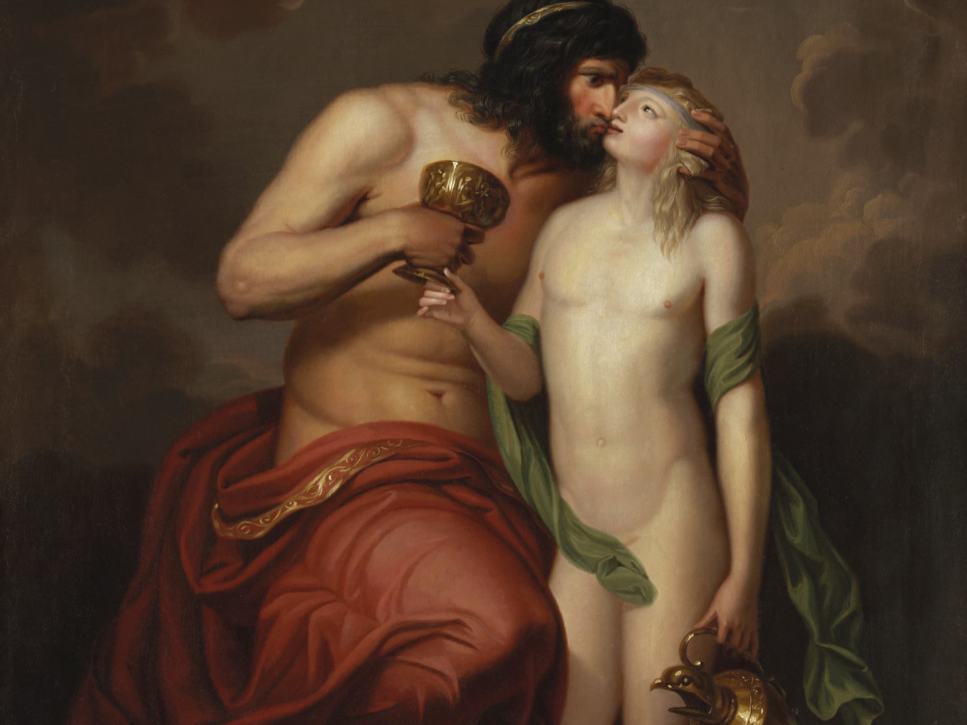A classical painting of a bearded man holding a goblet, embracing a young person with a green drape, set against a dark, cloudy background.