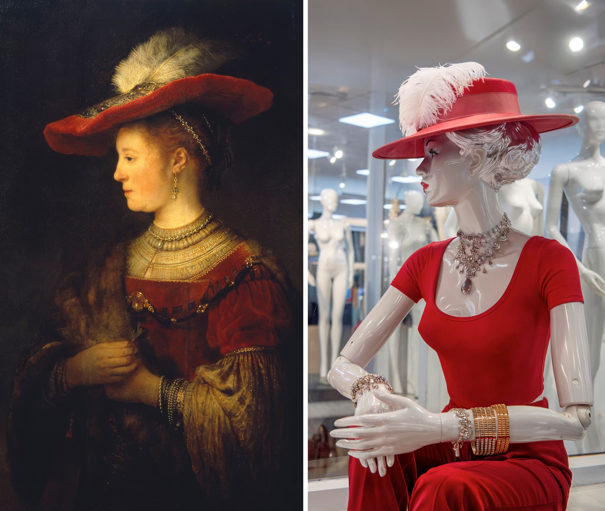 Two juxtaposed pictures: On the left, a painting showing Saskia, Rembrandt's wife, in a fine red gown, red hat with feathers and jewelry; on the right, apparently a photograph of a shimmering silvery mannequin in contemporary red clothing, a hat with feathers and jewelry; in the background, other mannequins, albeit undressed.