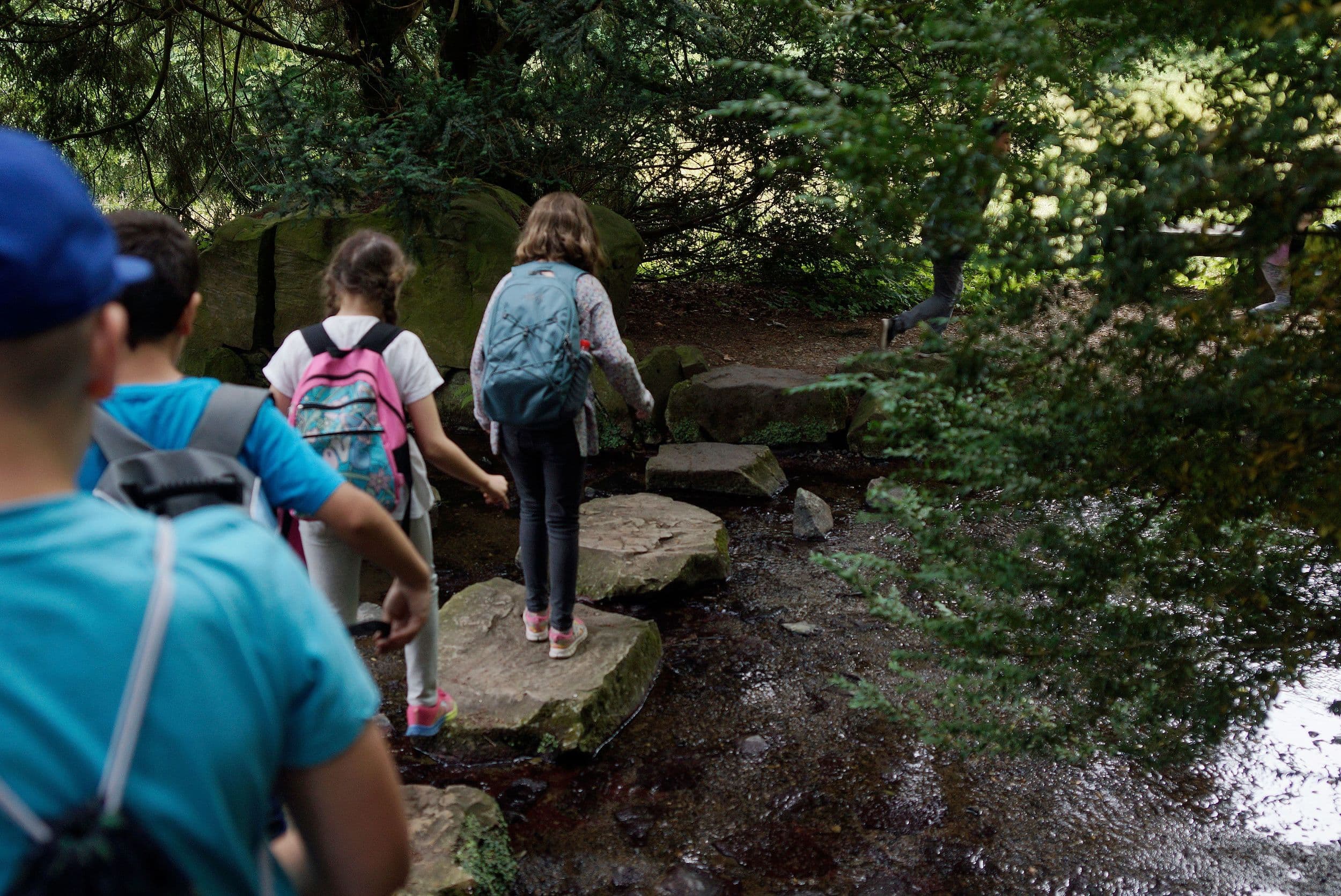 Kinder stehen auf Steinen in einem Bach umgeben von Bäumen.