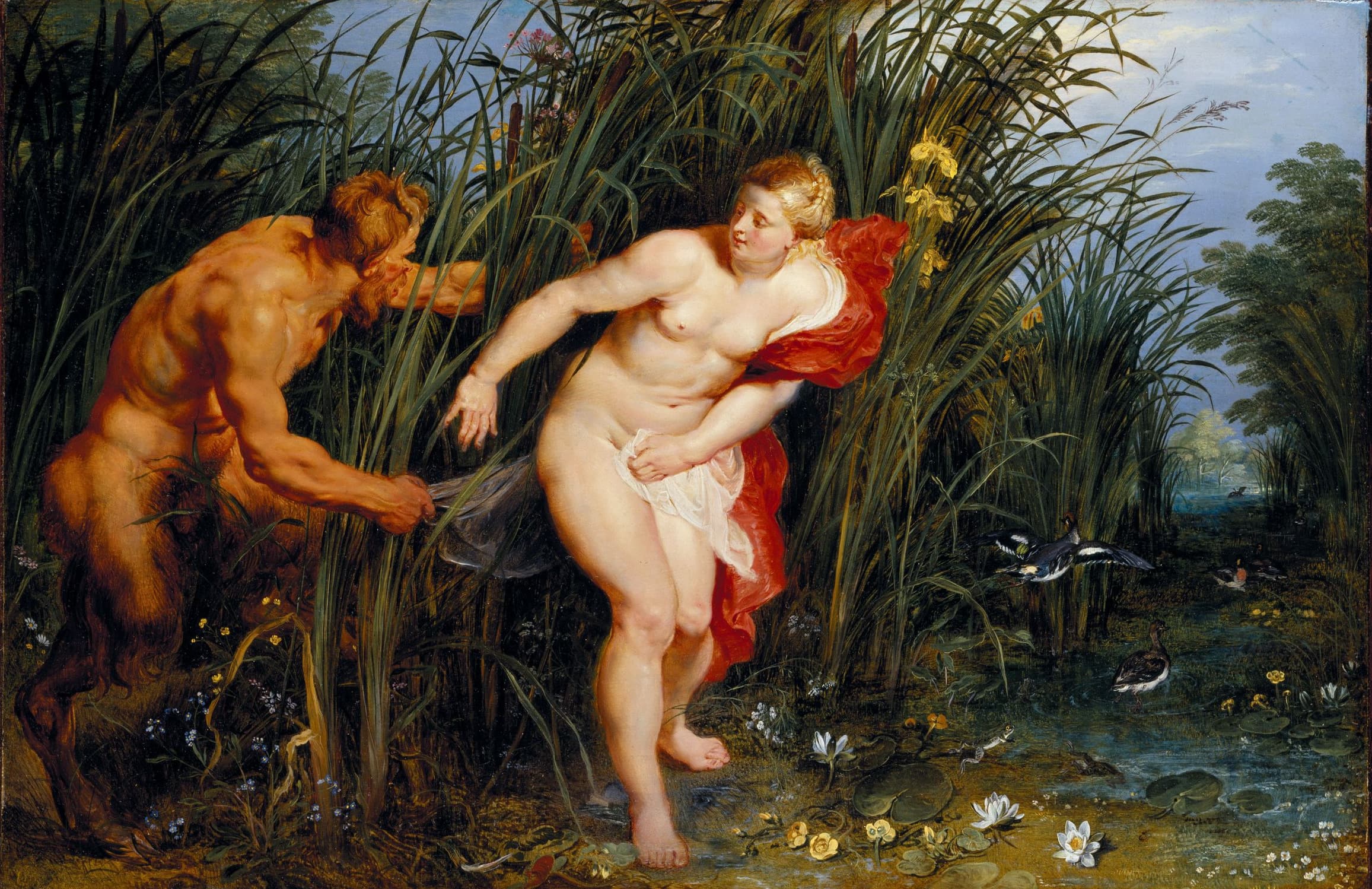 Eine mythologische Szene mit einer nackten Frau und einem Satyr in einer üppigen, grasbewachsenen Landschaft mit Blumen und Vögeln.
