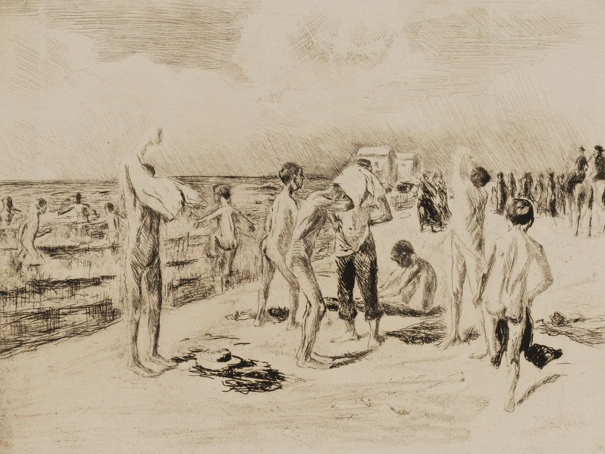 Etching of boys bathing, with a group of boys getting dressed or undressed in the foreground.