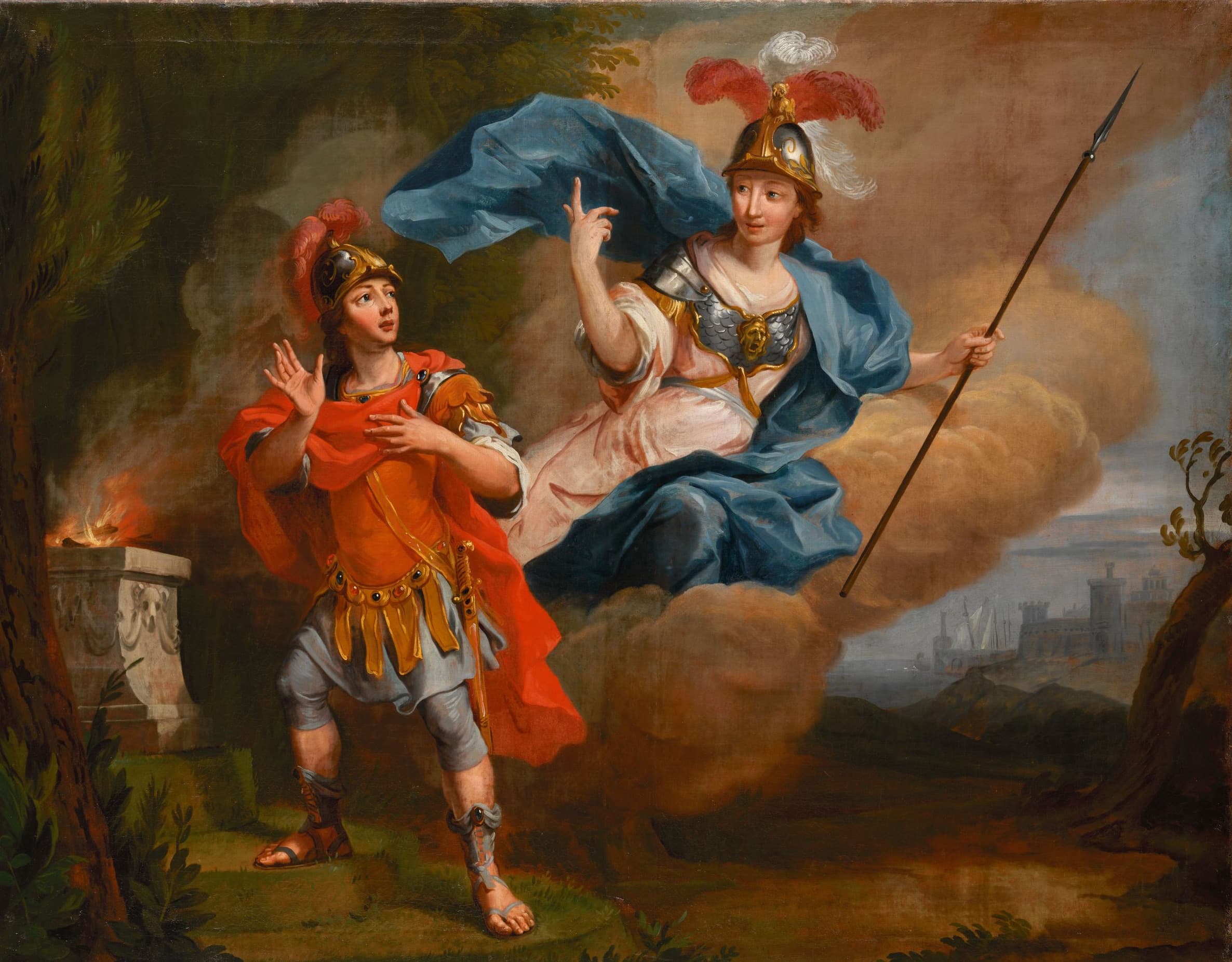 A classical painting of a warrior startled by a goddess in armor and flowing robes, set against a dramatic, smoky landscape.