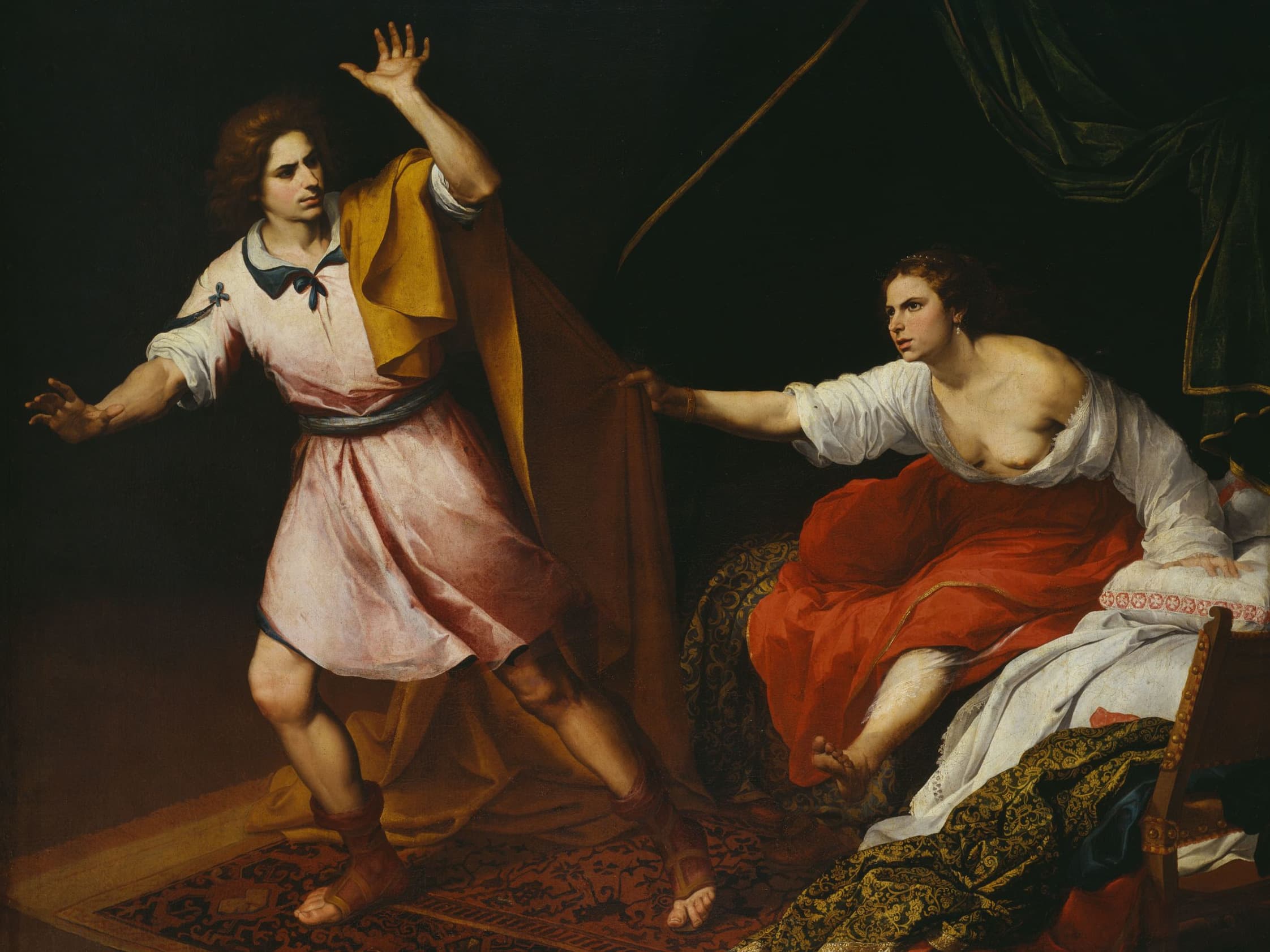 Ein Mann in einer Tunika flieht, während eine Frau in einem rot-weißen Kleid seinen Umhang ergreift. Die Szene ist dramatisch und schwach beleuchtet.