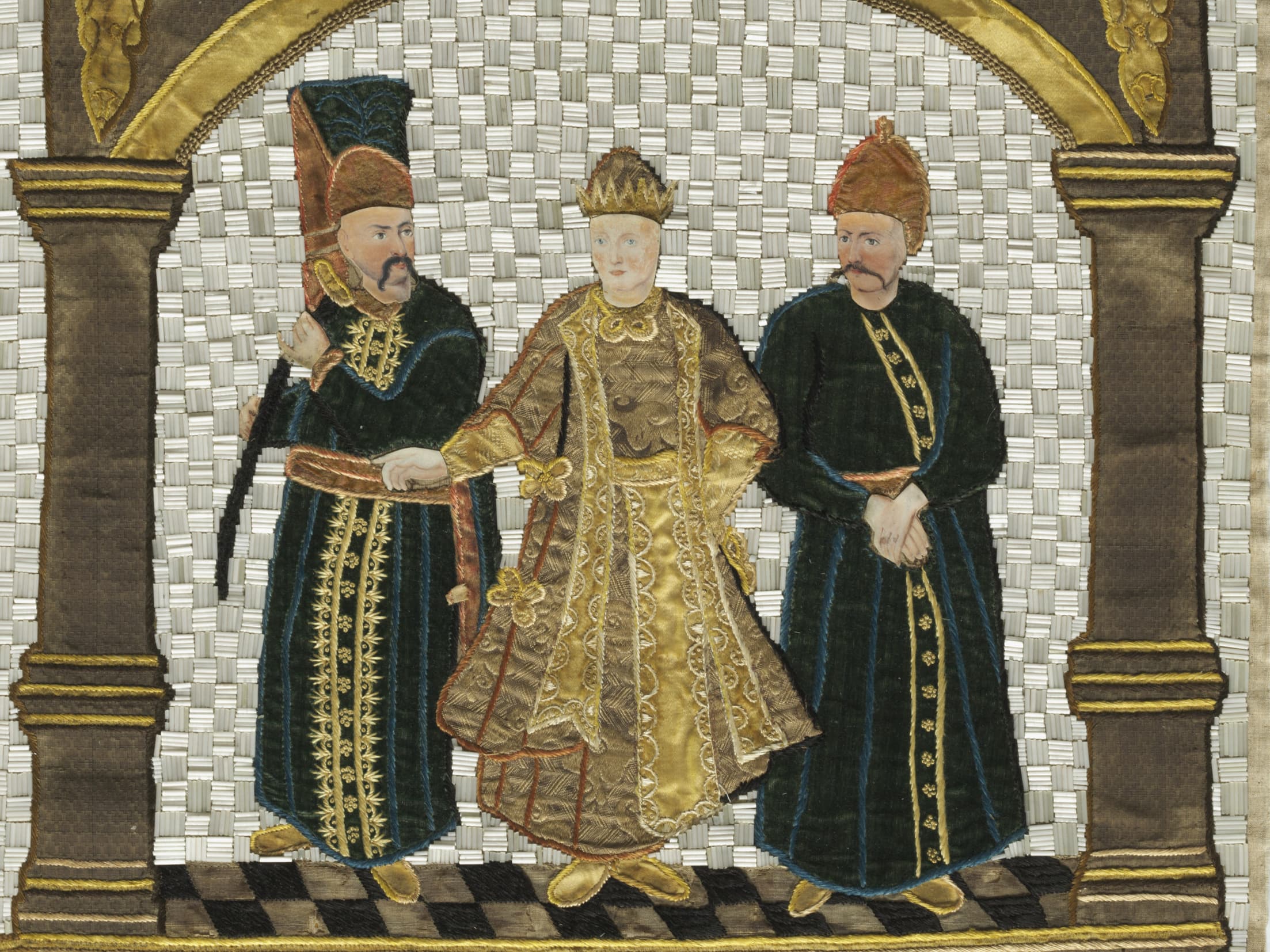 Detail einer Wandbespannung: sog. Perltapete