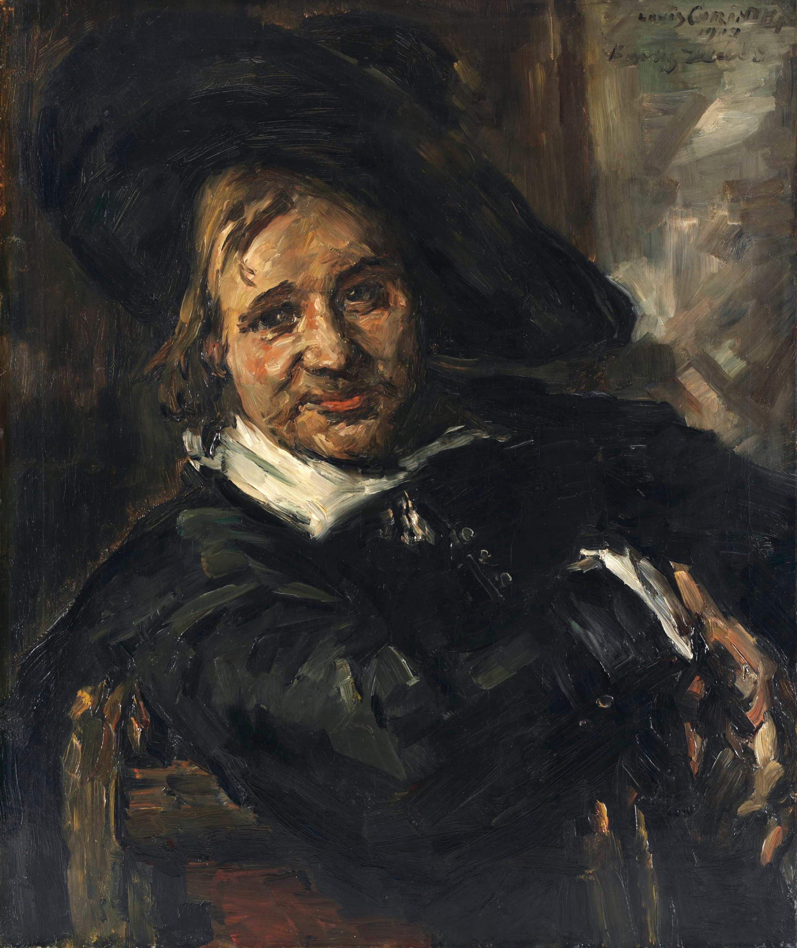 A portrait of a person in 17th-century attire with a large hat, white collar, and dark clothing, painted in an expressive, textured style.