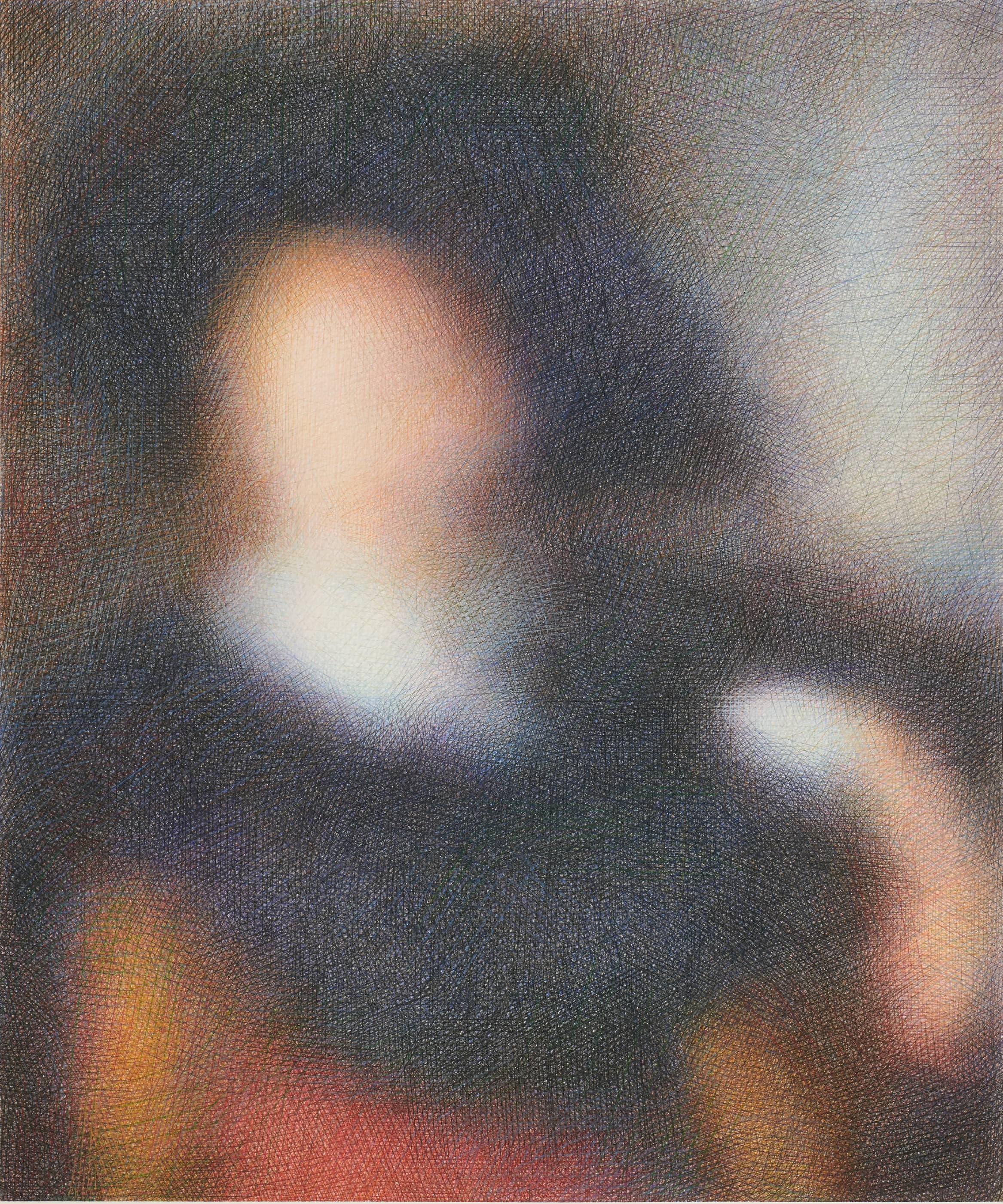 A blurred, abstract portrait of a person wearing a dark hat and clothing, with indistinct facial features and a soft, textured background.