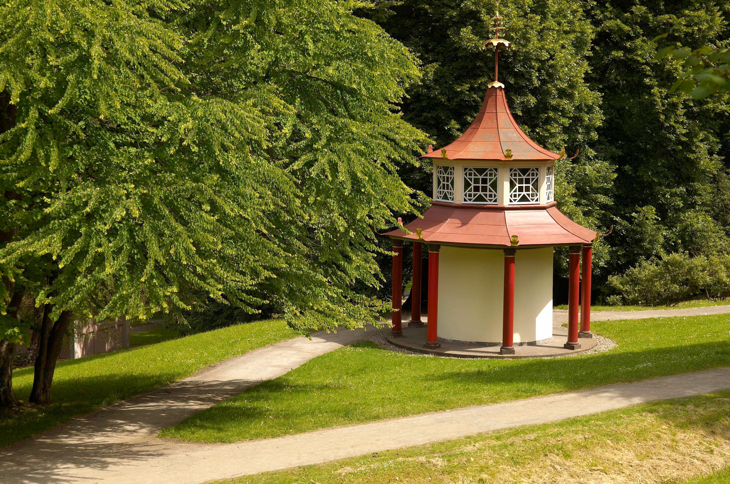 Ein kleiner Pavillon mit rotem Dach, weißen Wänden und roten Säulen steht auf einer Rasenfläche, umgeben von Bäumen und sich kreuzenden Wegen.