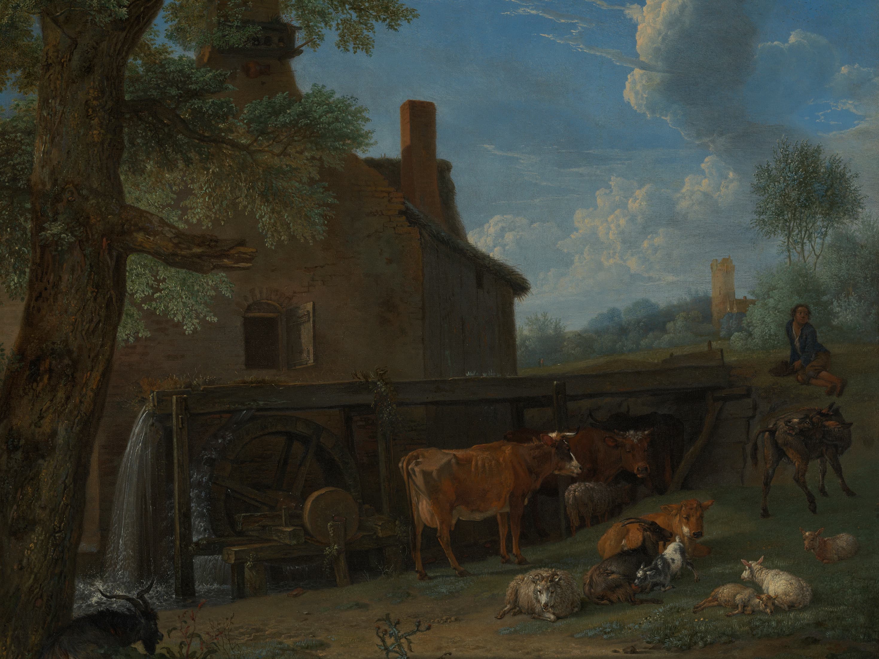 Painting of a watermill with various animals, such as cows, sheep and goats, in the foreground