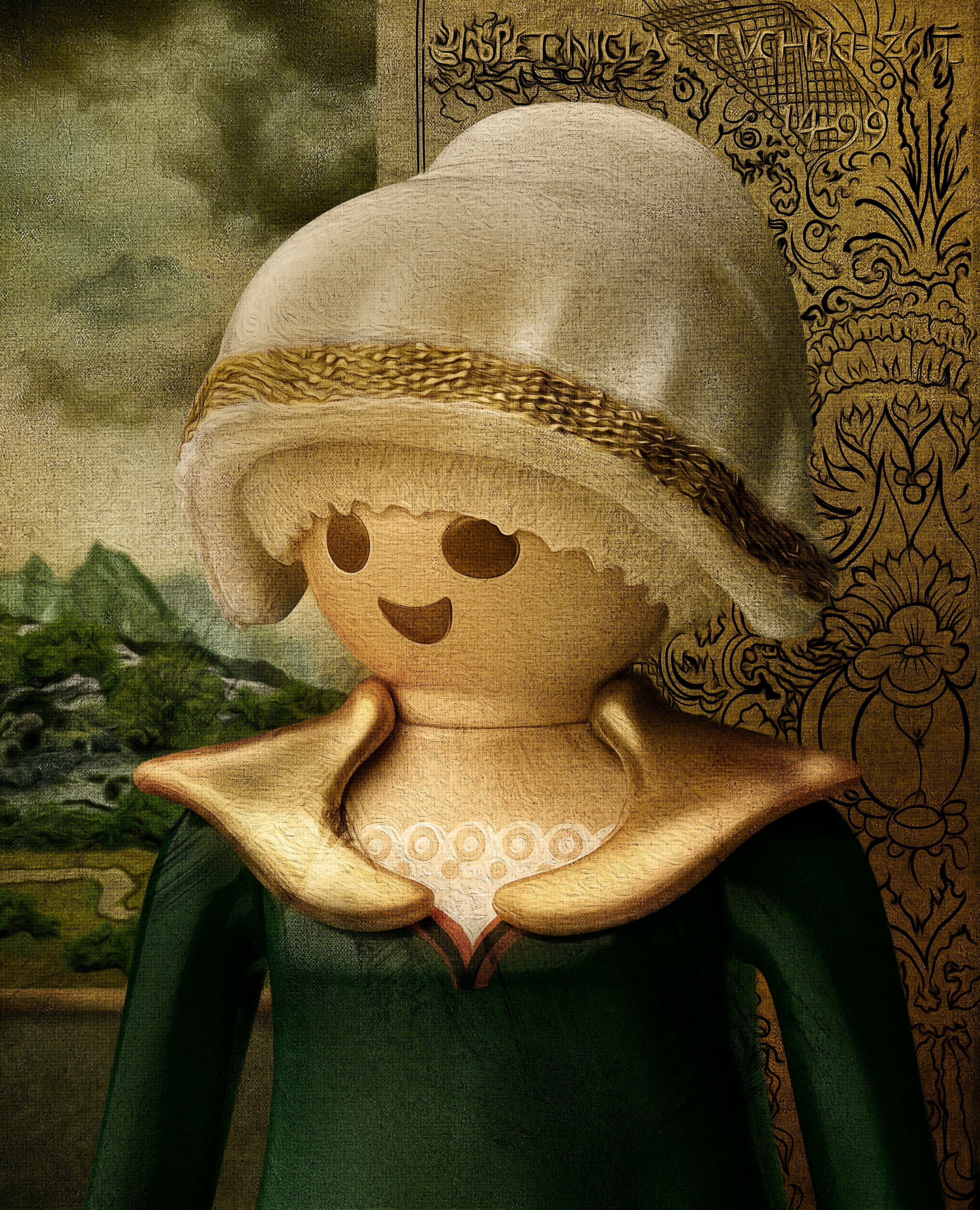 A Playmobil figure dressed in medieval attire with a white hat and green outfit, set against an ornate, vintage background.