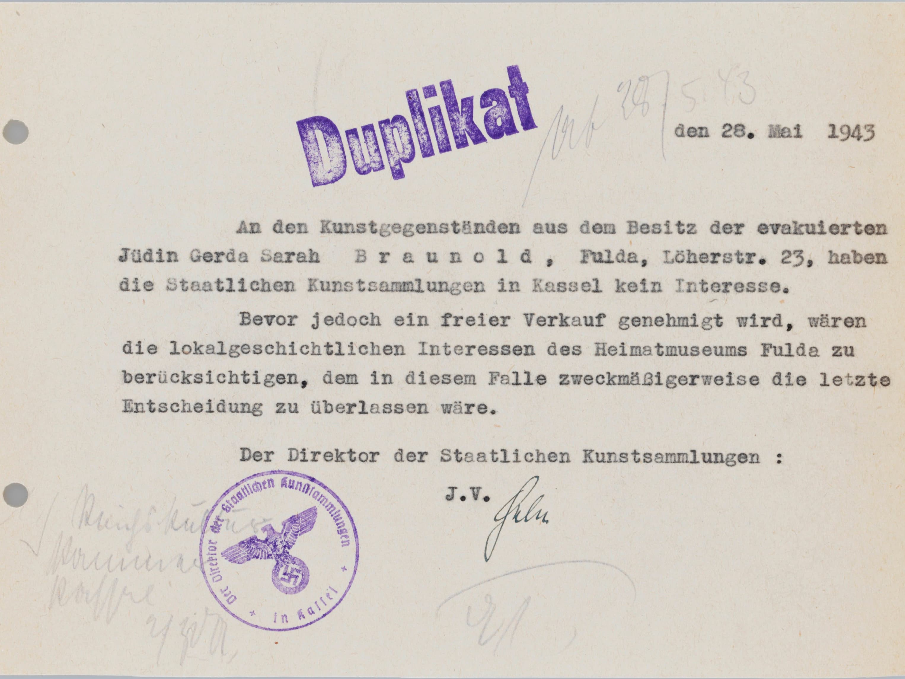 Maschinengeschriebenes Dokument mit blauem „Duplikat“-Stempel und Unterschrift am unteren Rand. Datiert auf den 28. Mai 1943, mit Nazi-Stempel unten links.