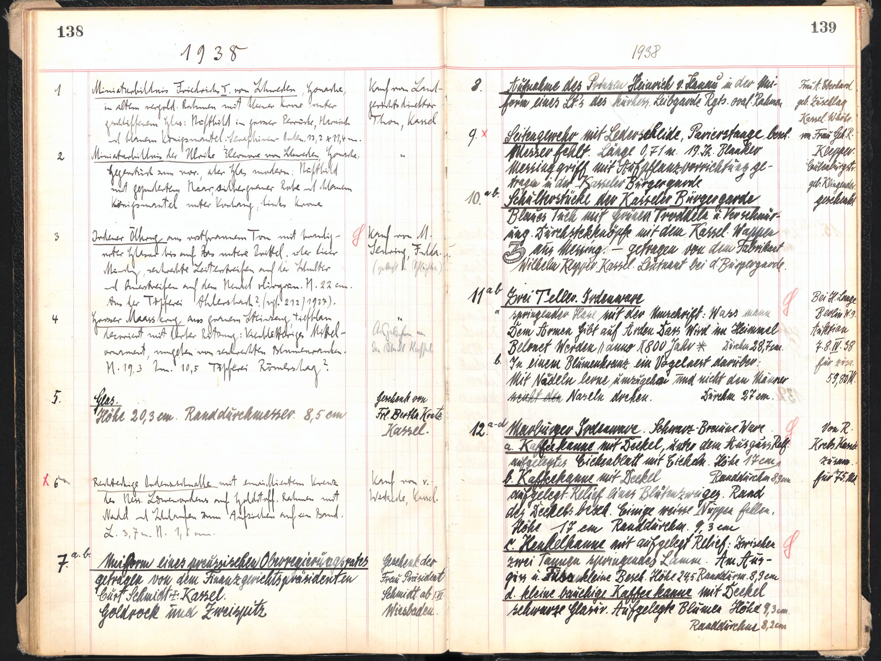 Offenes Buch mit handgeschriebenem deutschem Text, datiert 1935 und 1936, mit Listen und Anmerkungen auf linierten Seiten.