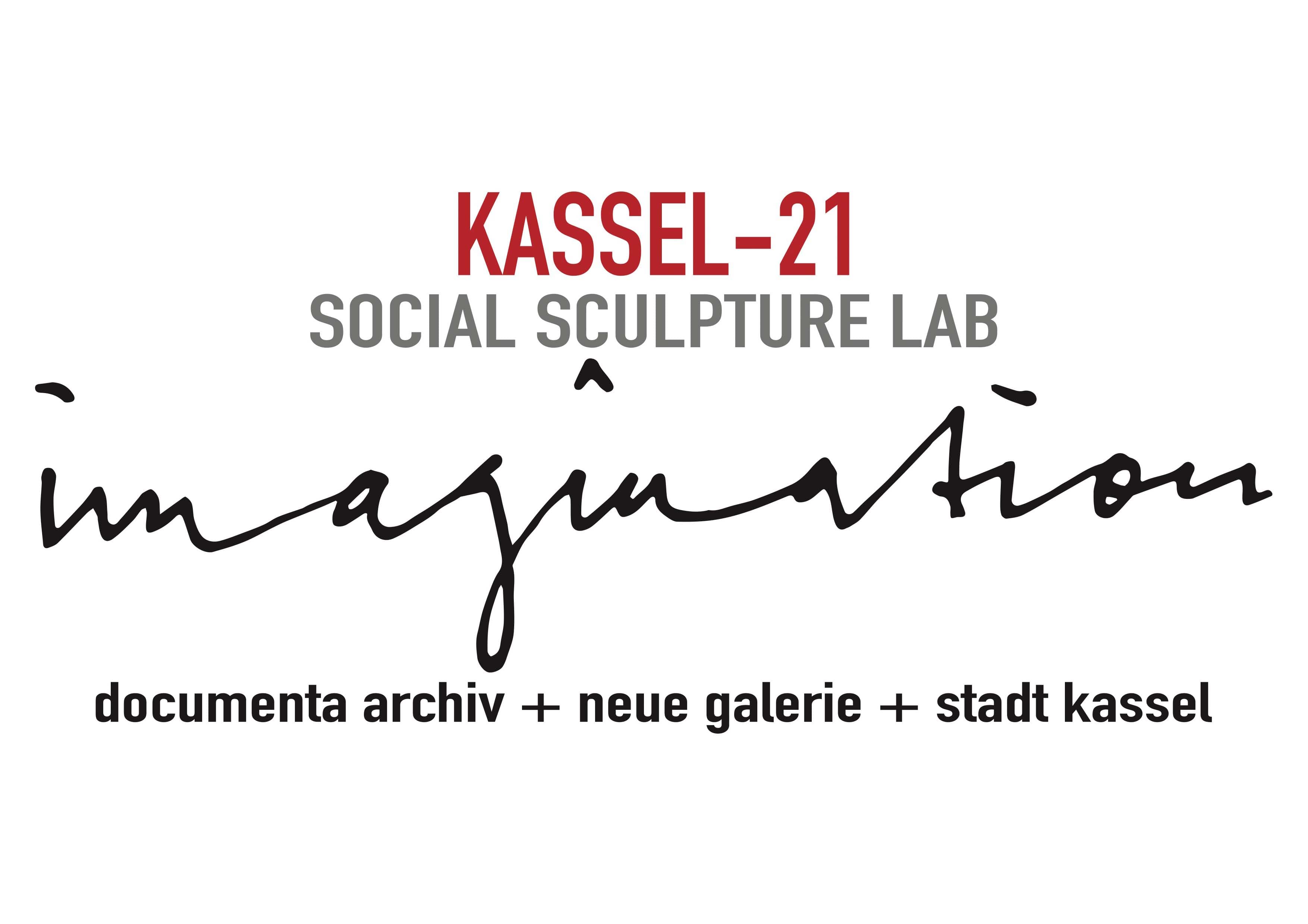 Text reading "KASSEL-21 SOCIAL Skulptur LAB imagination" mit smaller text "documenta archiv + neue galerie + stadt kassel."