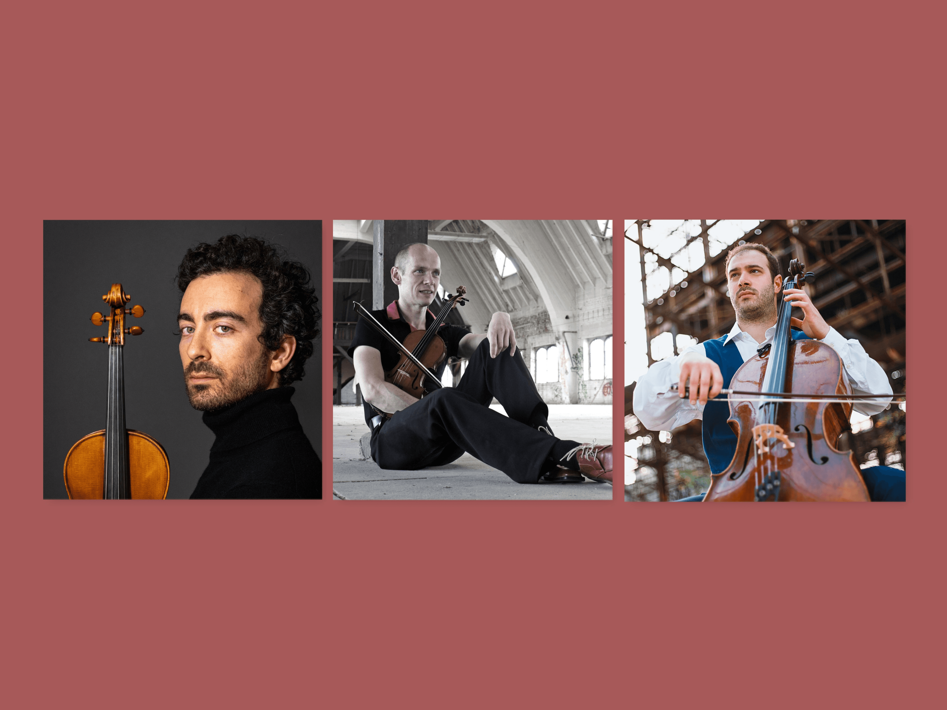 Three musicians with string instruments: a violinist, a seated violinist in a spacious room, and a cellist in an industrial setting.