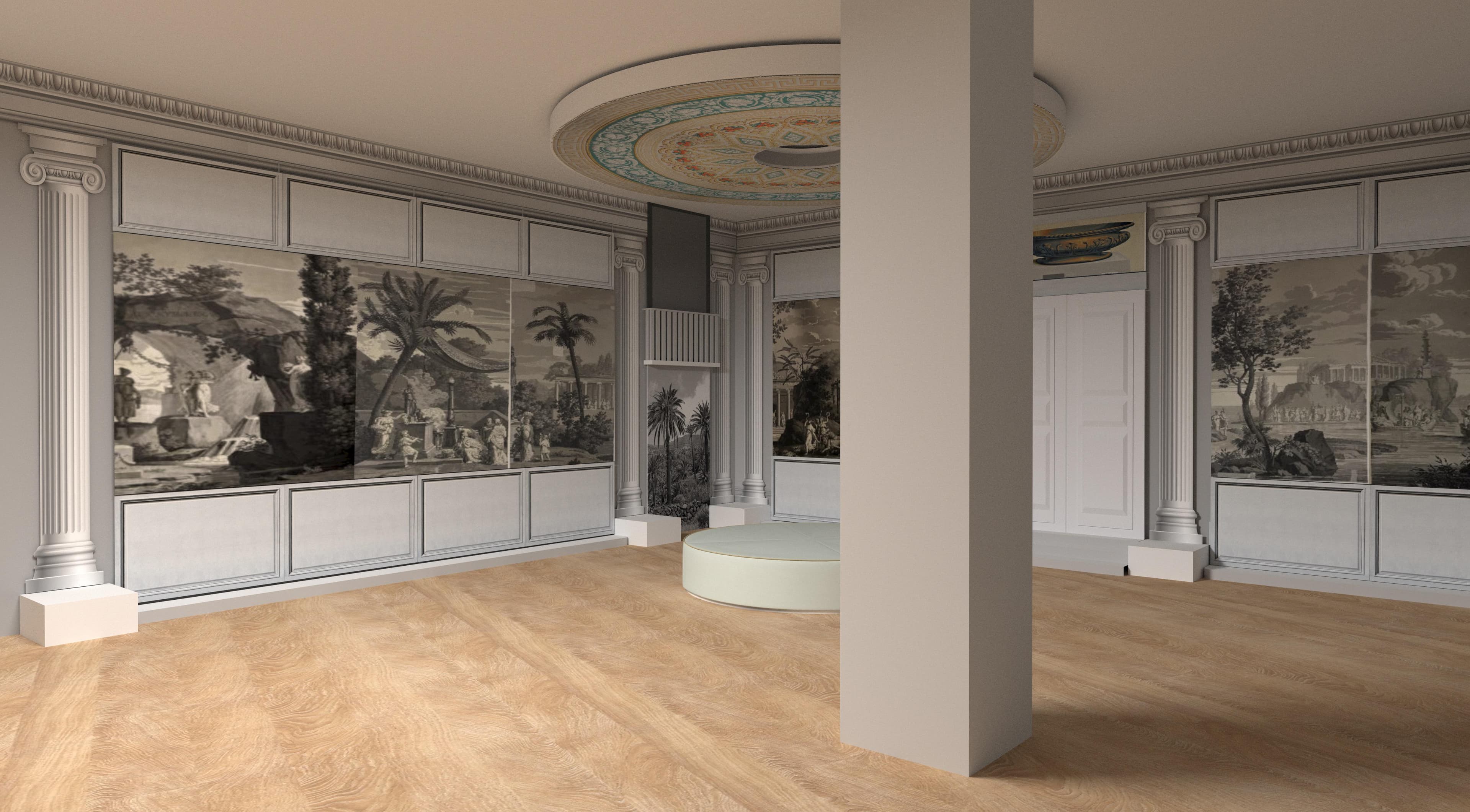Eleganter Raum mit klassischen Wandmalereien, einer zentralen Säule, einem verzierten Deckenmedaillon und hellem Holzboden.