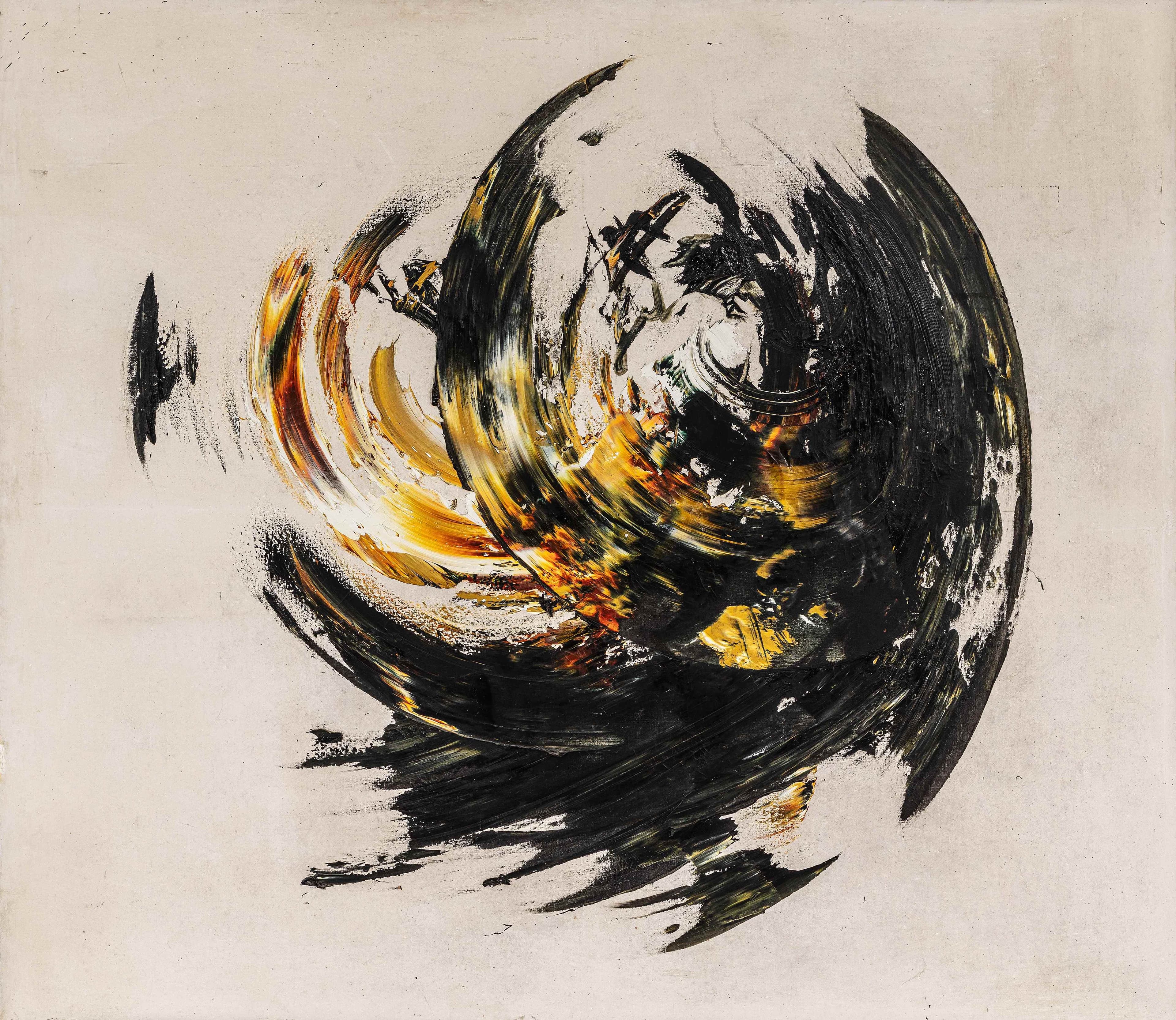 Abstract painting with swirling black, yellow, and orange brushstrokes on a light background, creating a dynamic, circular motion.