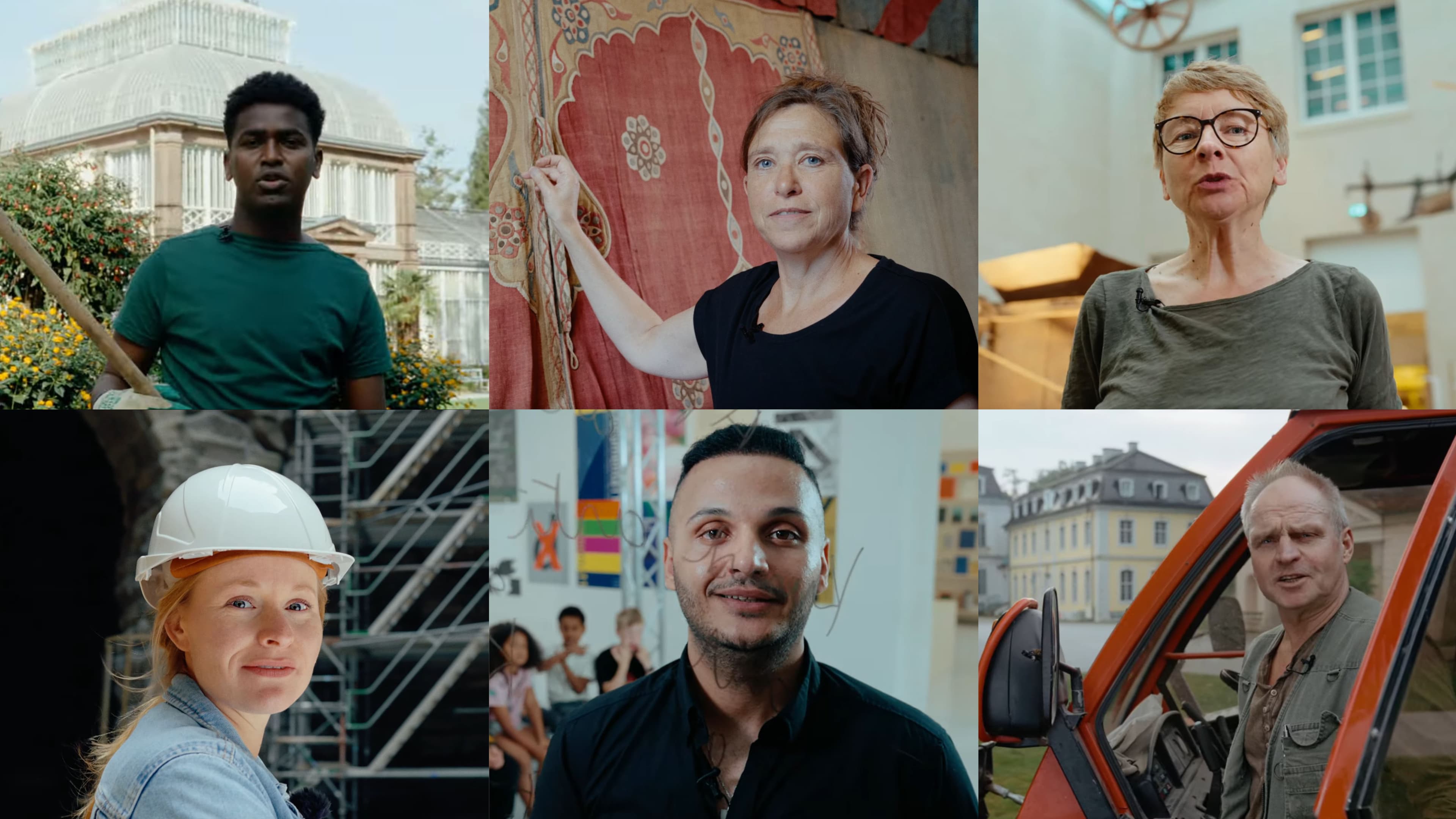 Collage aus sechs Fotos von verschiedenen Mitarbeiterinnen und Mitarbeitern von Hessen Kassel Heritage