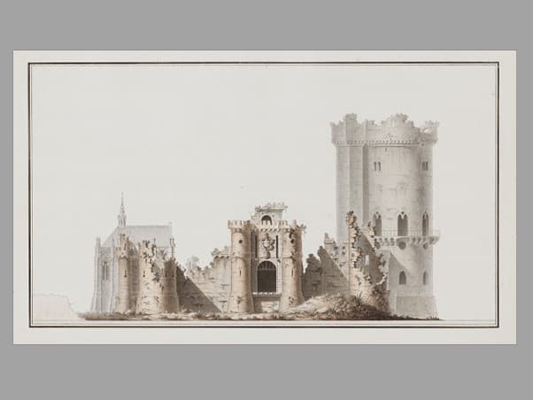 Illustration einer mittelalterlichen Burg mit Türmen und Zinnen, mit einem zentralen Tor und umgebenden Mauern auf grauem Hintergrund.