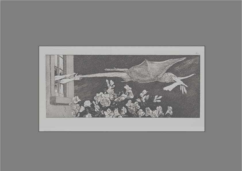 Eine surreale Illustration eines fliegenden Wesens mit langem Hals und Flügeln, das nach einem Fenster greift und von Blumen umgeben ist.