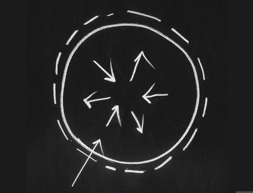 Kreidezeichnung eines Kreises mit nach innen zeigenden Pfeilen und einem gestrichelten äußeren Kreis auf einer Tafel, die ein Konzept oder eine Idee veranschaulicht.