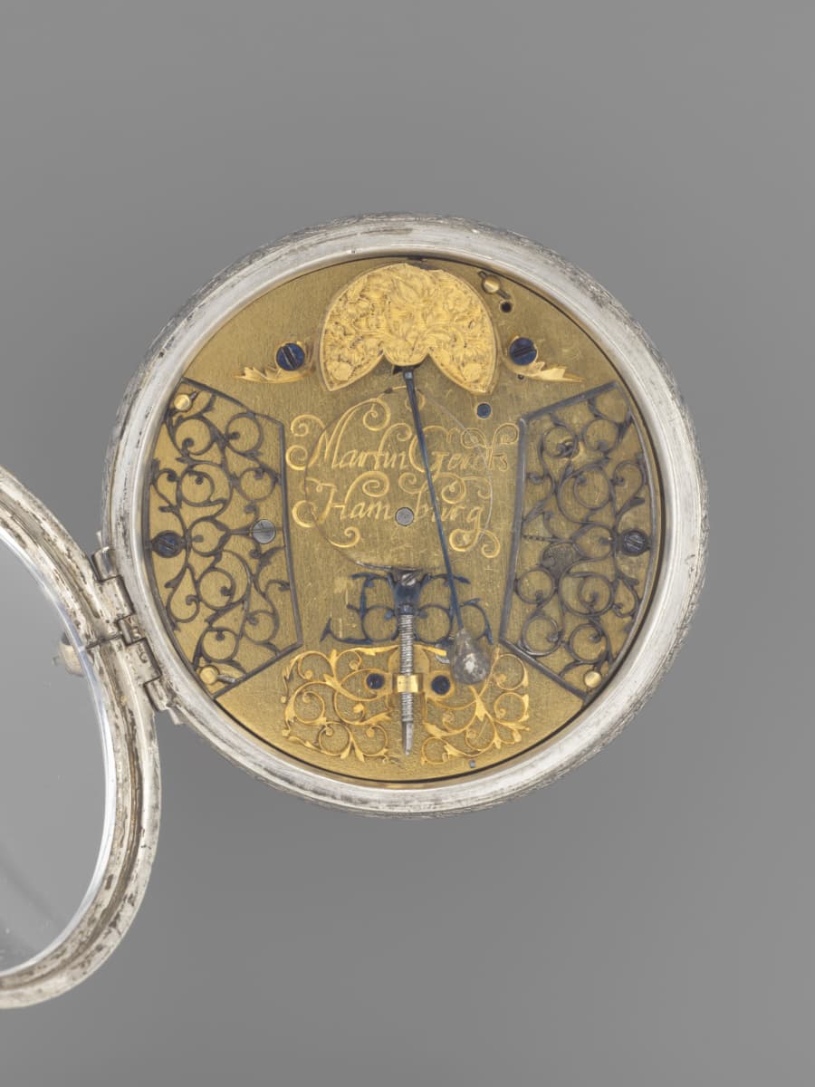 Silver pocket watch, opened, with inscription