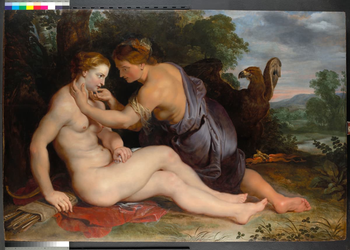 A classical painting depicts two seated, partially draped figures interacting closely, with a large eagle nearby in a lush landscape.
