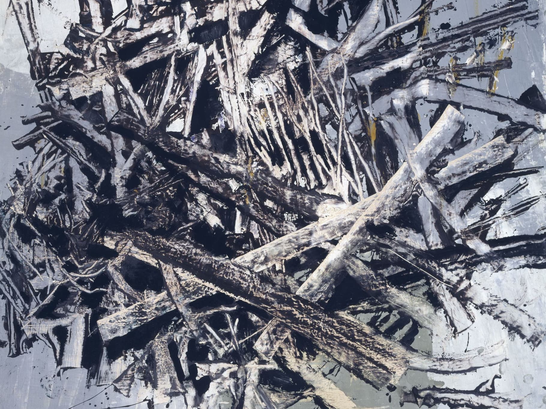 Abstract painting of chaotic, overlapping black and white brushstrokes resembling tangled branches against a gray background.