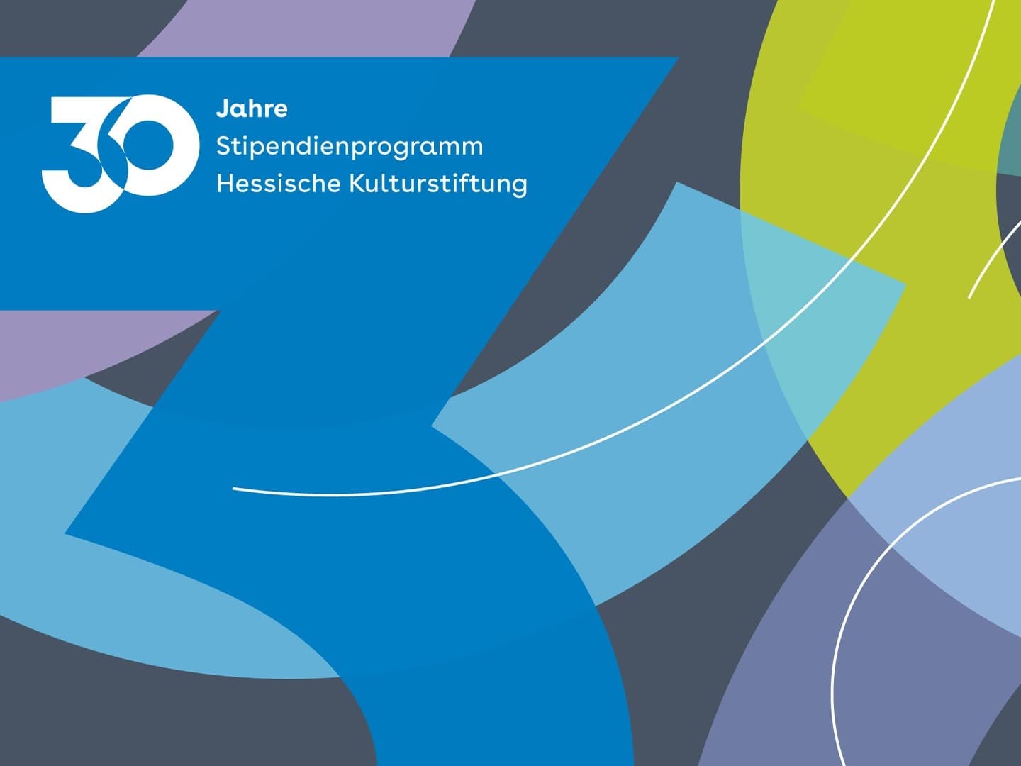 Abstract design with colorful geometric shapes and text: "30 Jahre Stipendienprogramm Hessische Kulturstiftung" on a dark background.