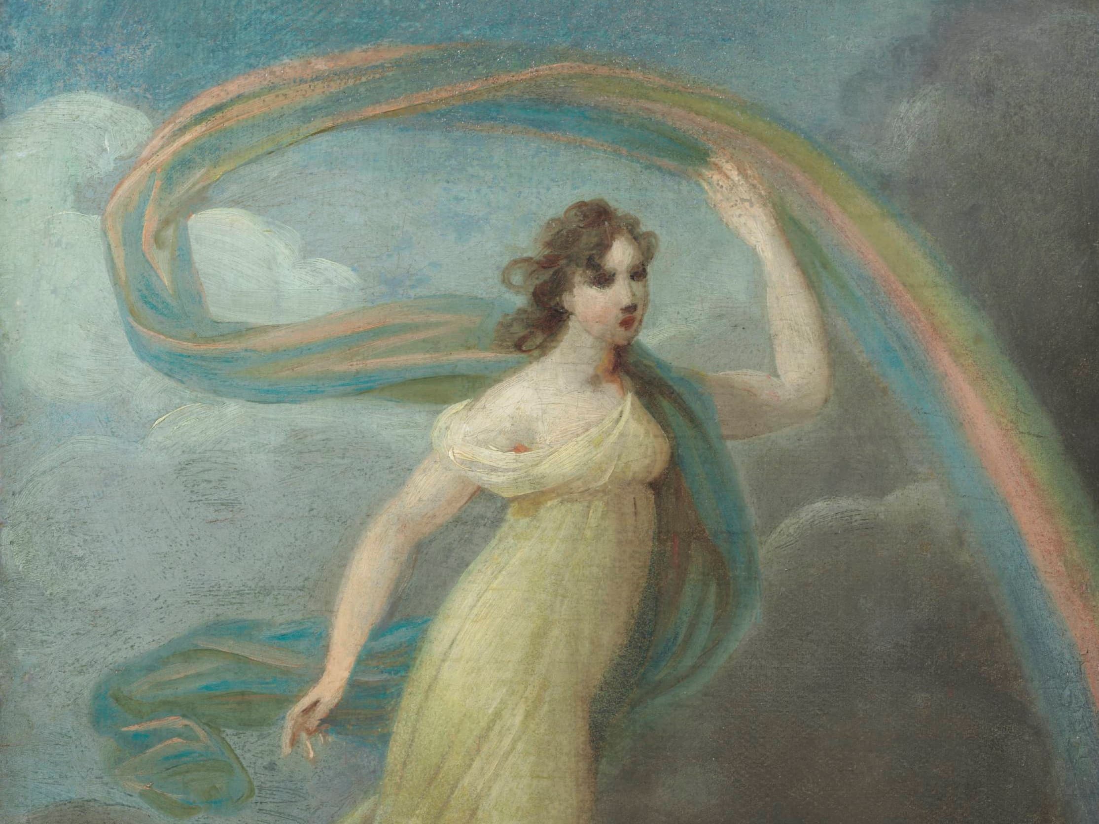 Colorful sketch of a young woman on clouds, holding a rainbow-colored cloth blown up by the wind.
