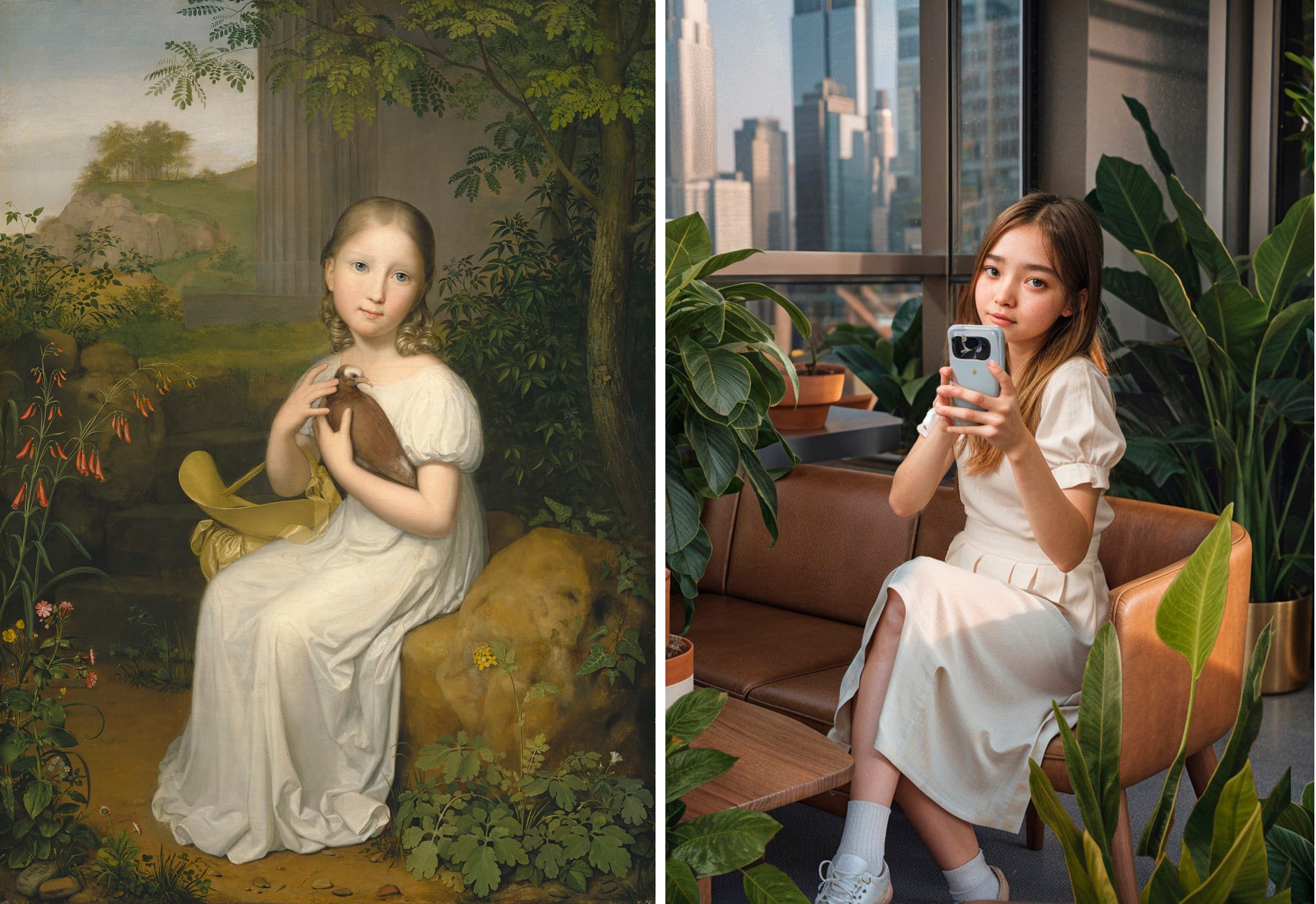 Two juxtaposed images: On the left, a painting of a young girl with a bird in her arms, surrounded by nature; on the right, what appears to be a photograph of a young girl with a smartphone in her hands, sitting on a sofa in a modern furnished apartment, with a view of several skyscrapers through an open window in the background.