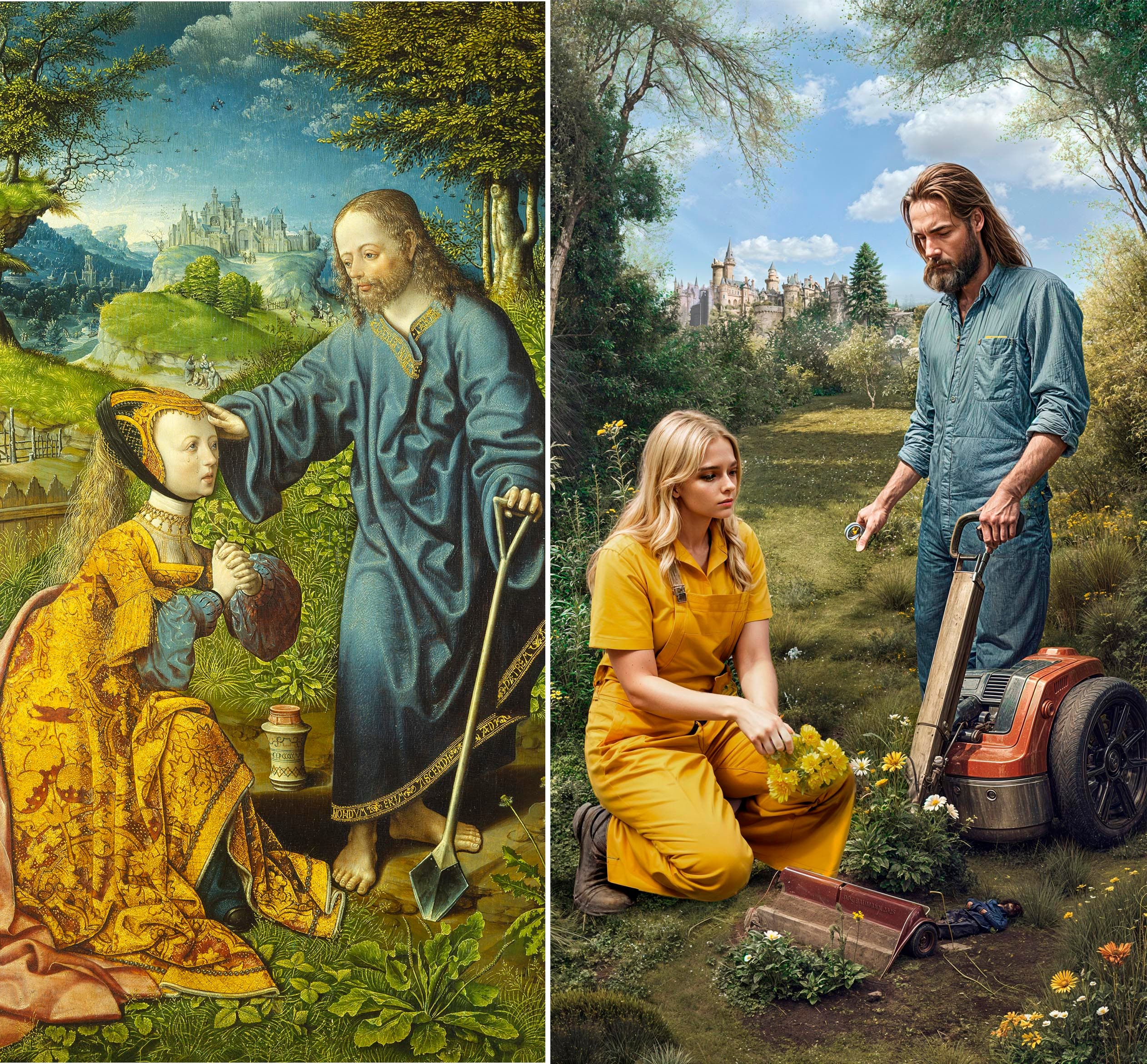 Two juxtaposed pictures: On the left, a painting showing Jesus Christ blessing a well-dressed woman, embedded in nature, a fortress in the background; the picture on the right appears to be a photograph. On the right, a standing man with an indefinable garden tool, next to him a squatting woman in yellow dungarees, embedded in nature, with a fortress in the background.