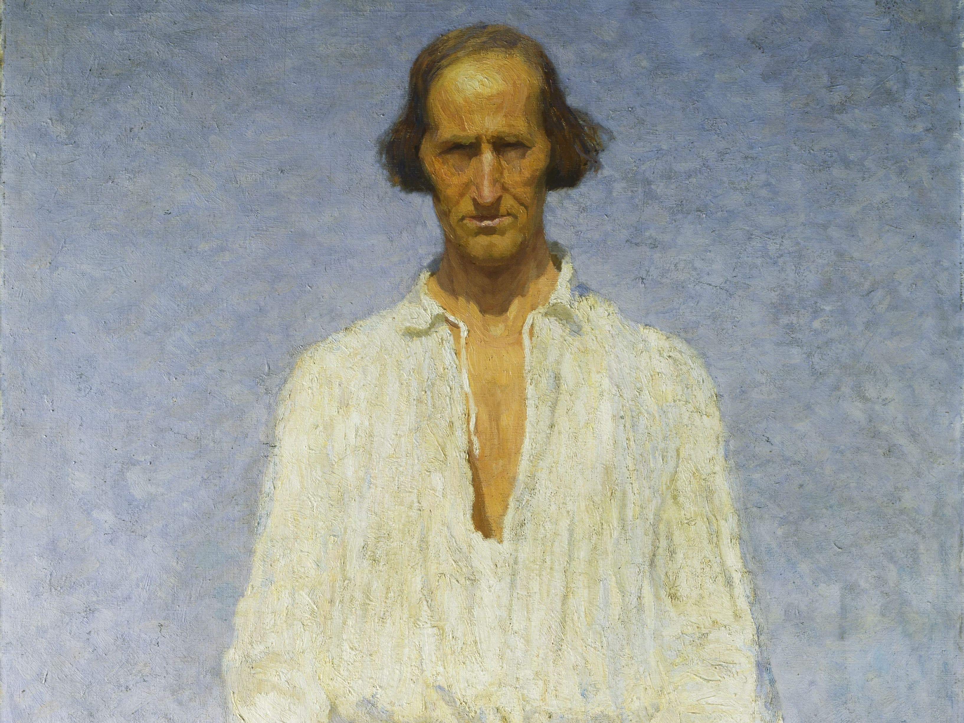 A man in white clothing stands in a field of tall grass under a clear blue sky, depicted in an impressionist style.